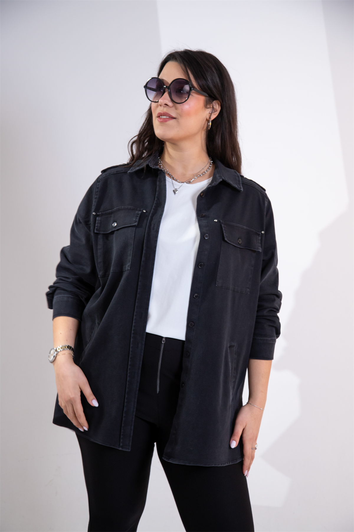 Büyük Beden 3330775 Gabardin Cep Detaylı Gömlek Siyah
