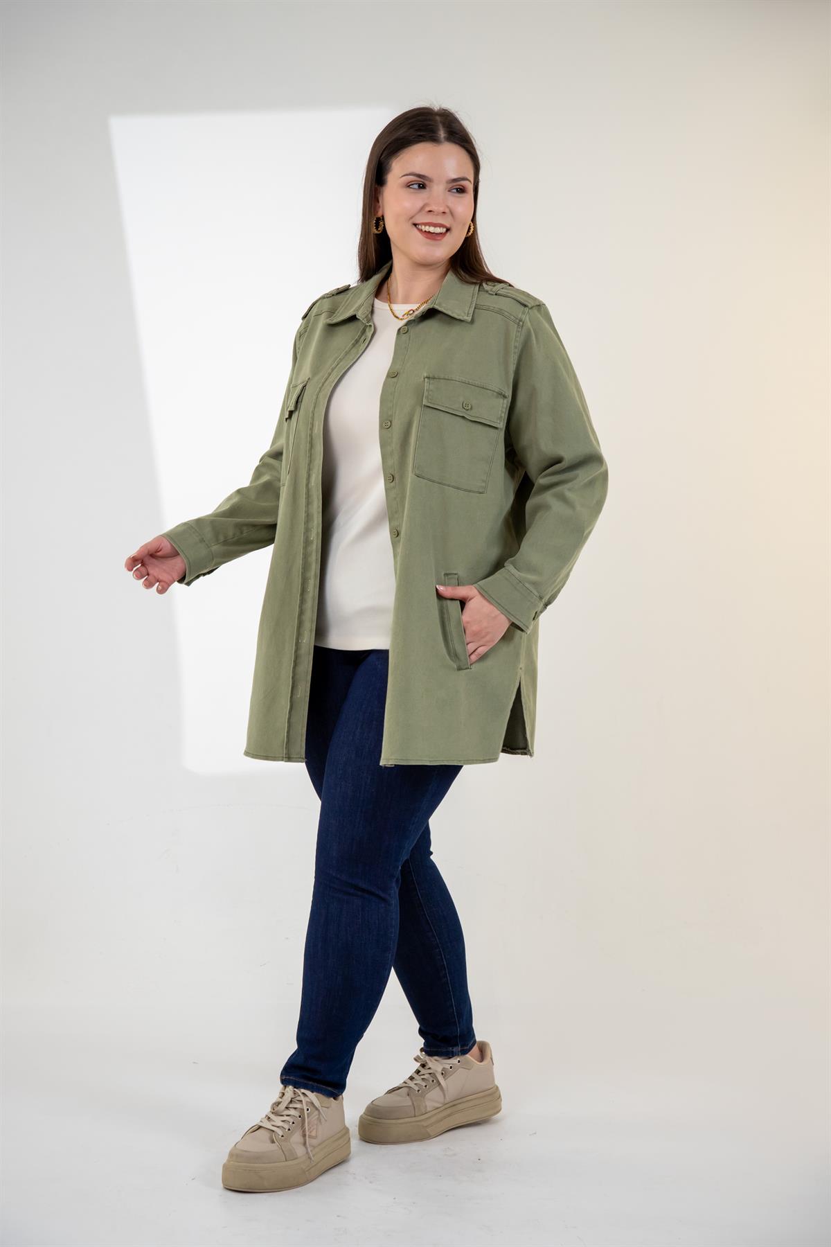 Büyük Beden 3330775 Gabardin Cep Detaylı Gömlek Haki