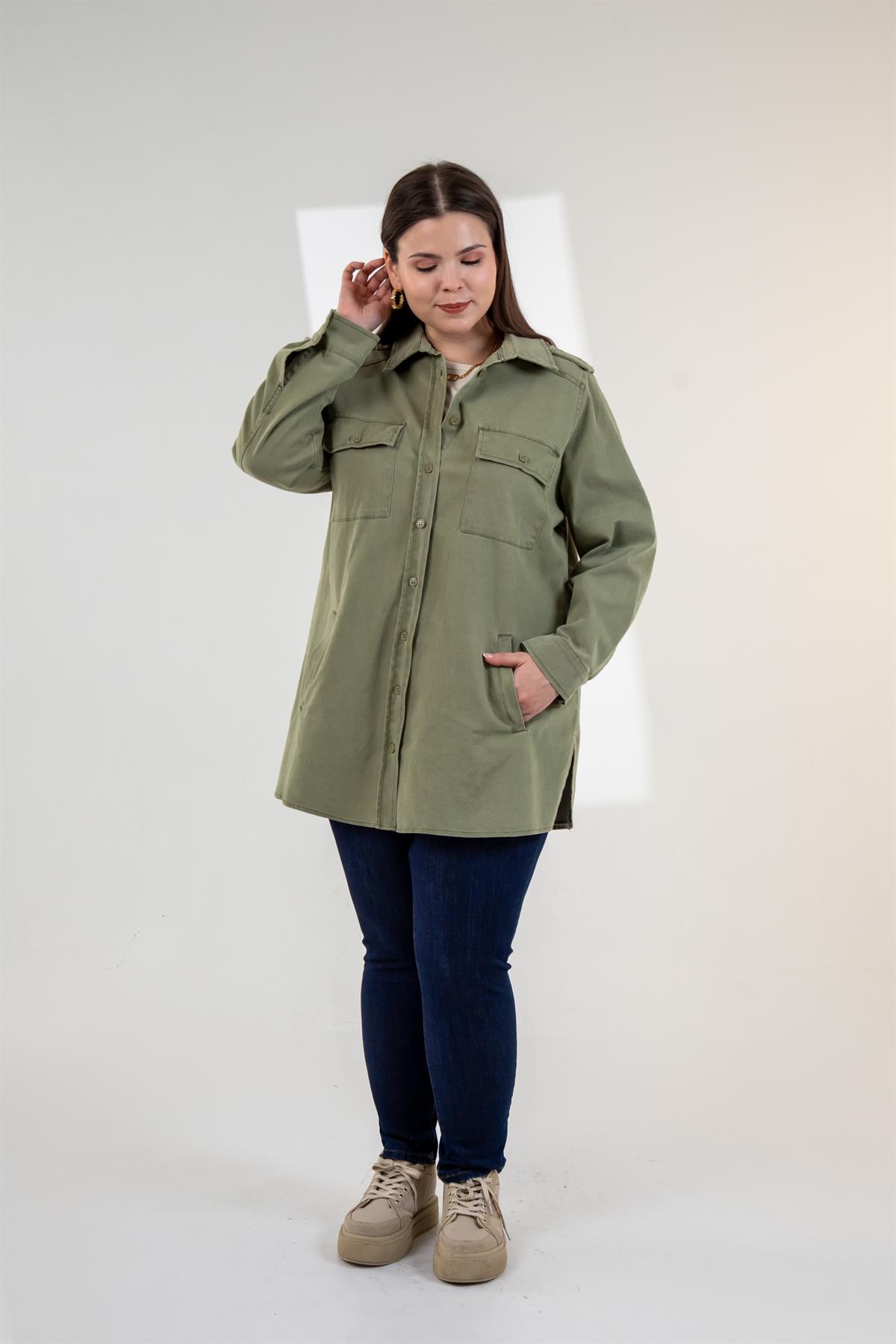 Büyük Beden 3330775 Gabardin Cep Detaylı Gömlek Haki