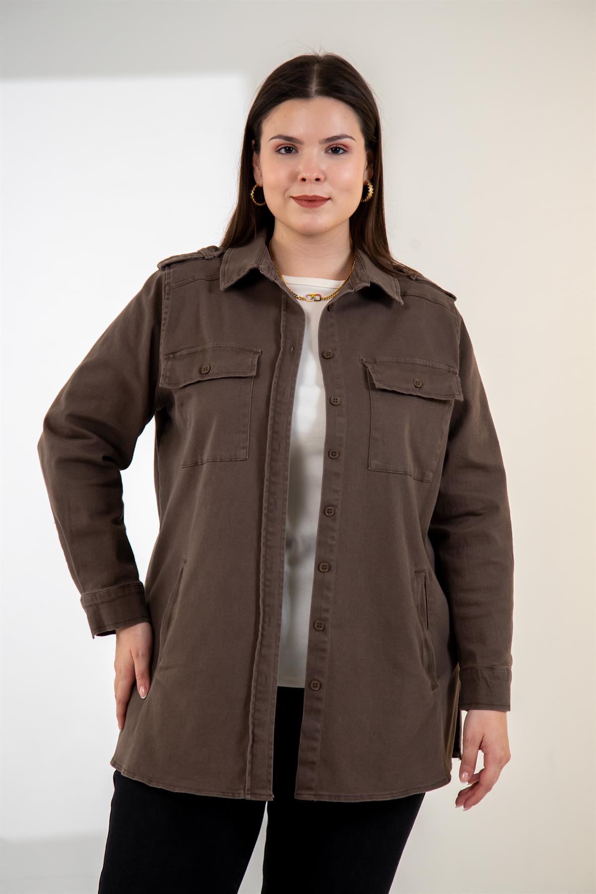 Büyük Beden 3330775 Gabardin Cep Detaylı Gömlek Kahverengi