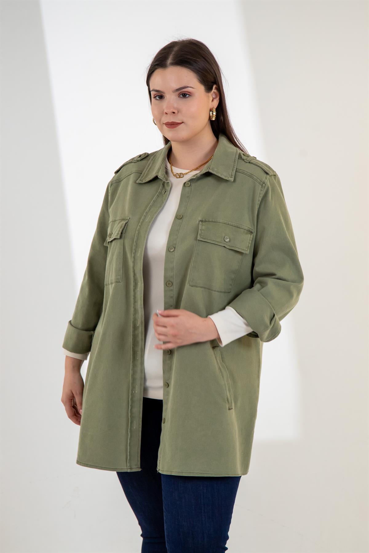 Büyük Beden 3330775 Gabardin Cep Detaylı Gömlek Haki