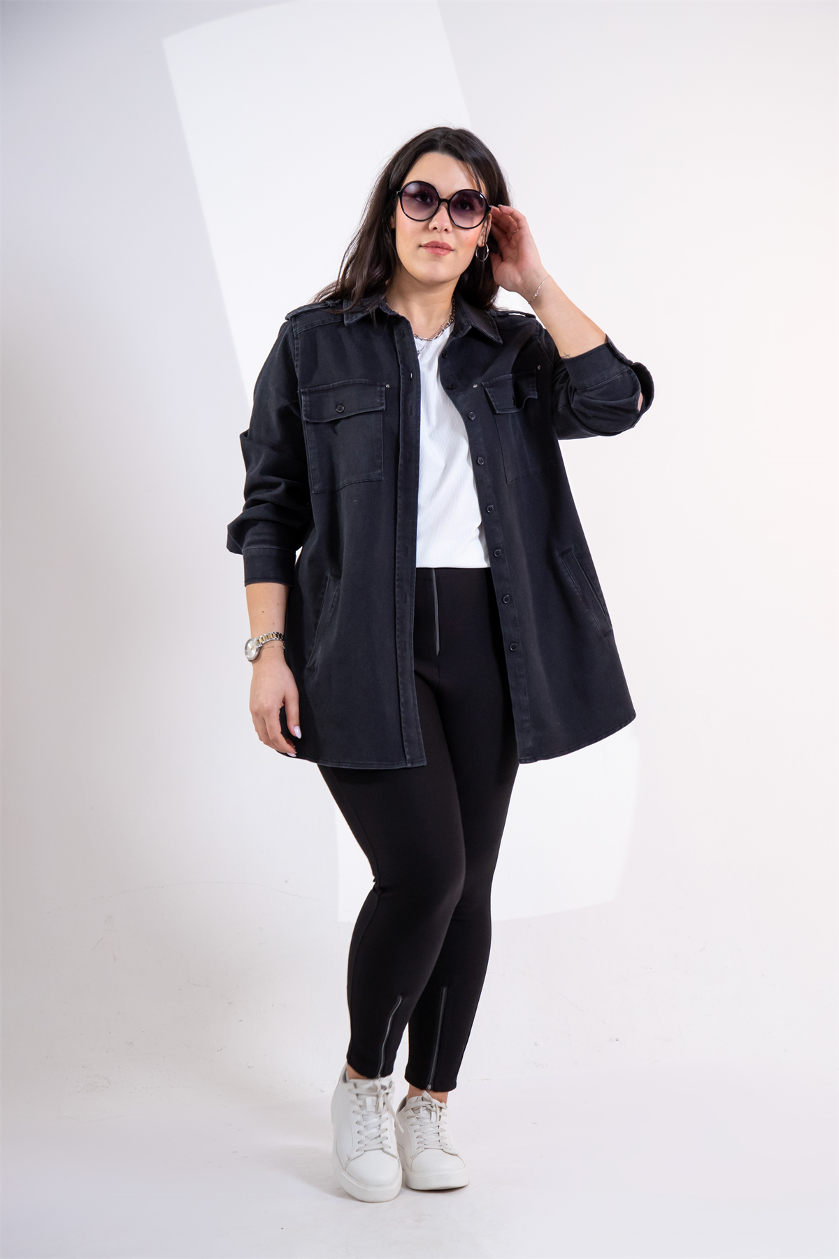 Büyük Beden 3330775 Gabardin Cep Detaylı Gömlek Siyah