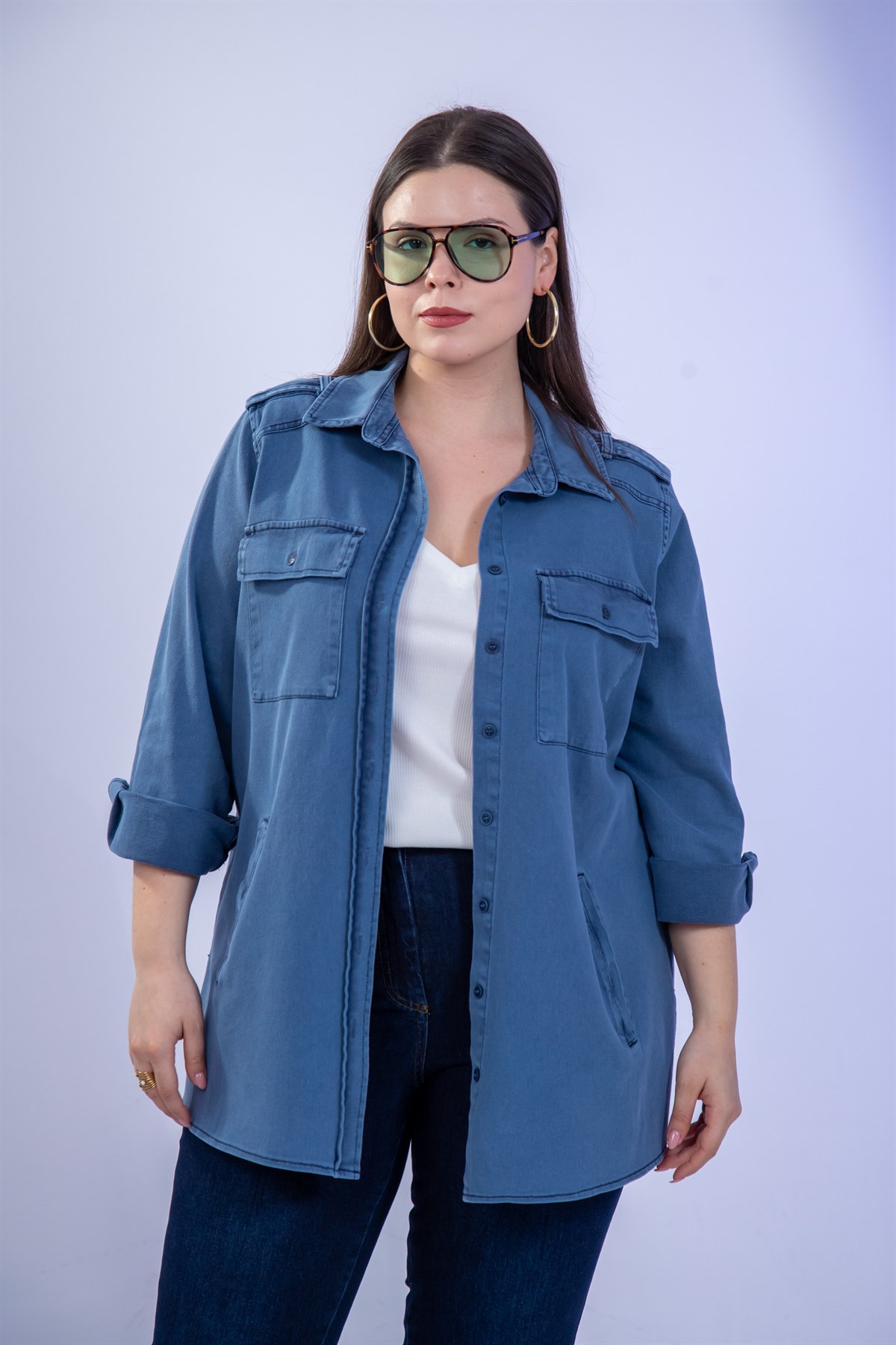 Büyük Beden 3330775 Gabardin Cep Detaylı Gömlek Lacivert