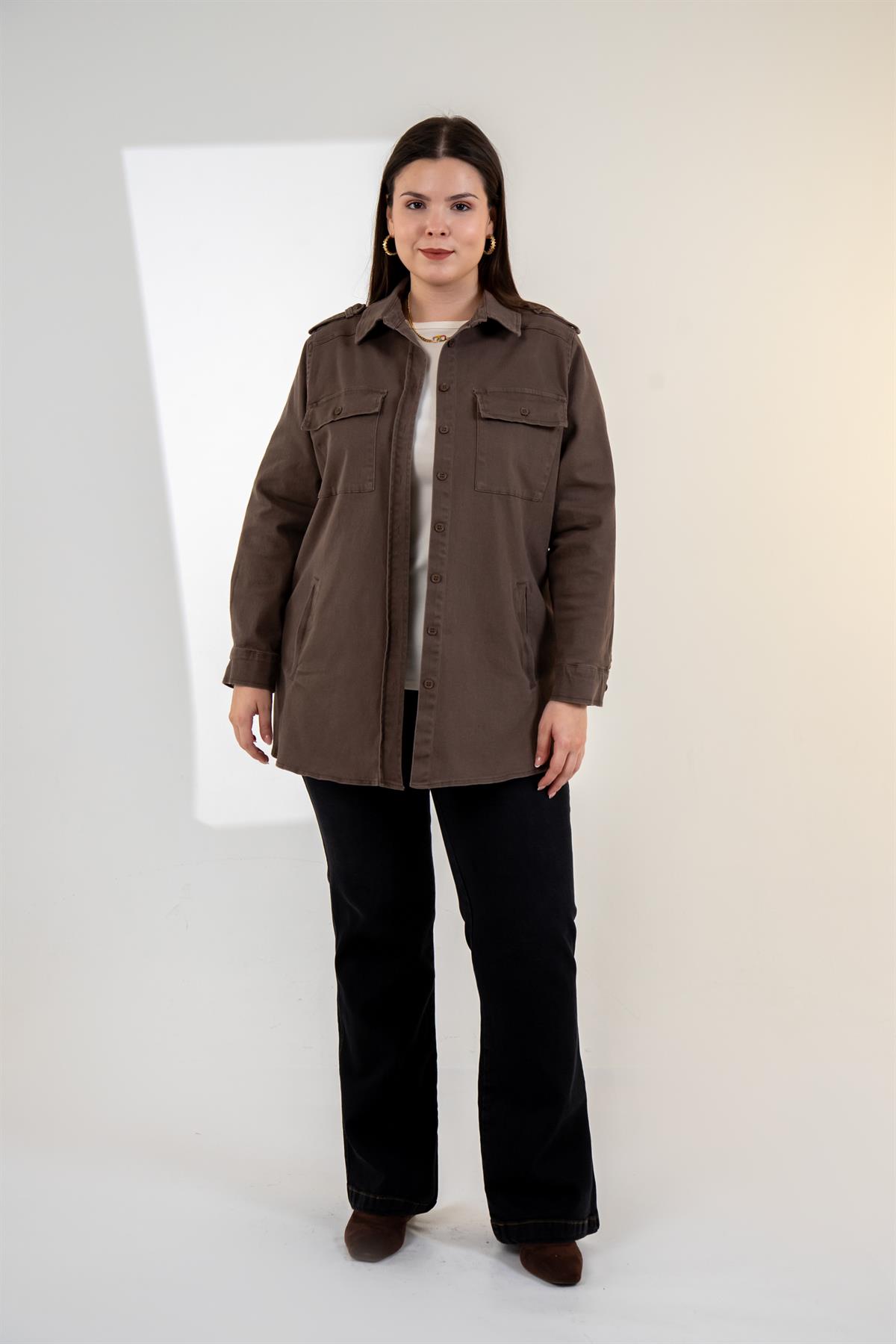 Büyük Beden 3330775 Gabardin Cep Detaylı Gömlek Kahverengi