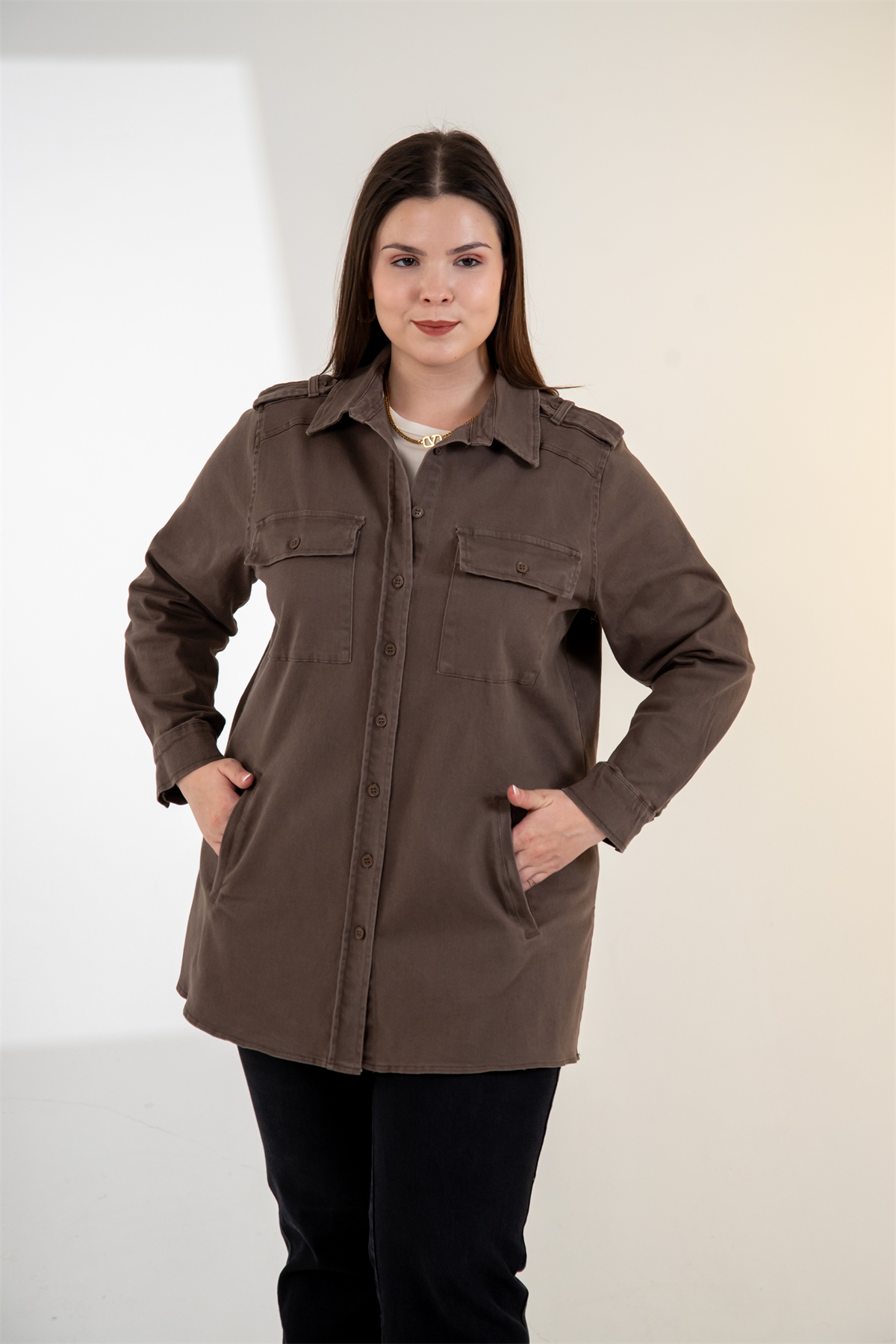 Büyük Beden 3330775 Gabardin Cep Detaylı Gömlek Kahverengi