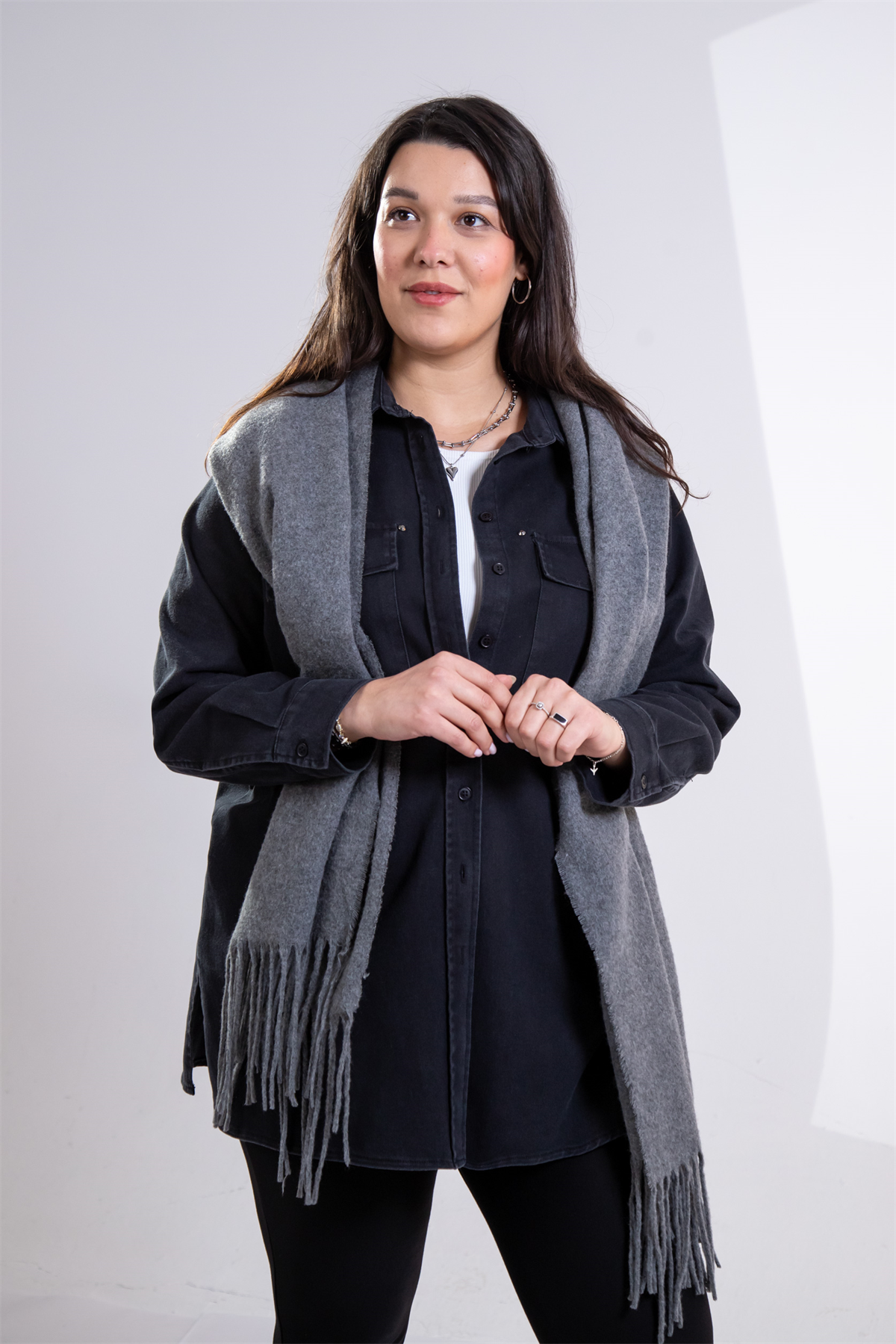 Büyük Beden 3330775 Gabardin Cep Detaylı Gömlek Siyah