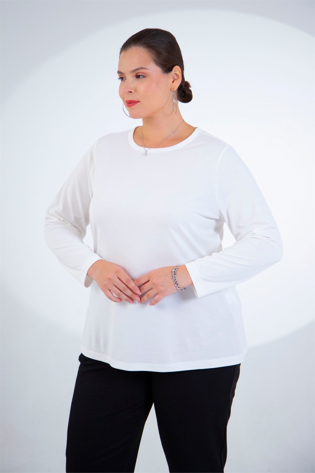 Büyük Beden 3330780 Bisiklet Yaka  Bluz  Beyaz