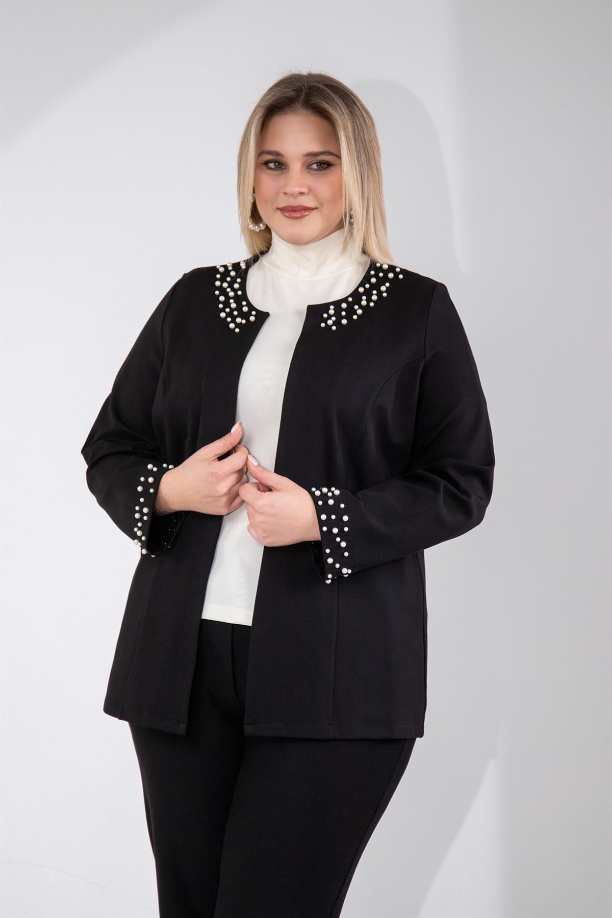 Büyük Beden 3330788 İnci Taş Detaylı Hırka  Siyah