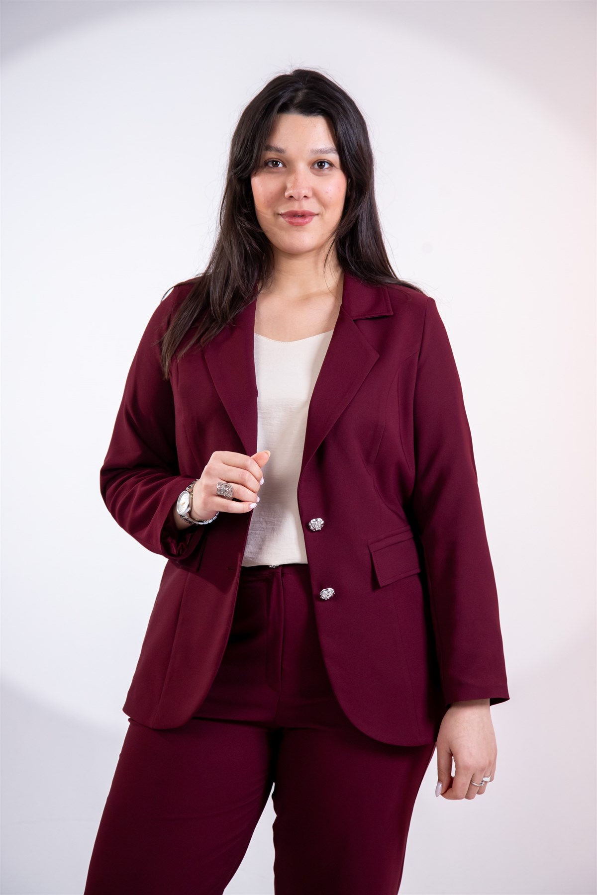 Büyük Beden 3330795 Düğme Detaylı 2li Takım Bordo