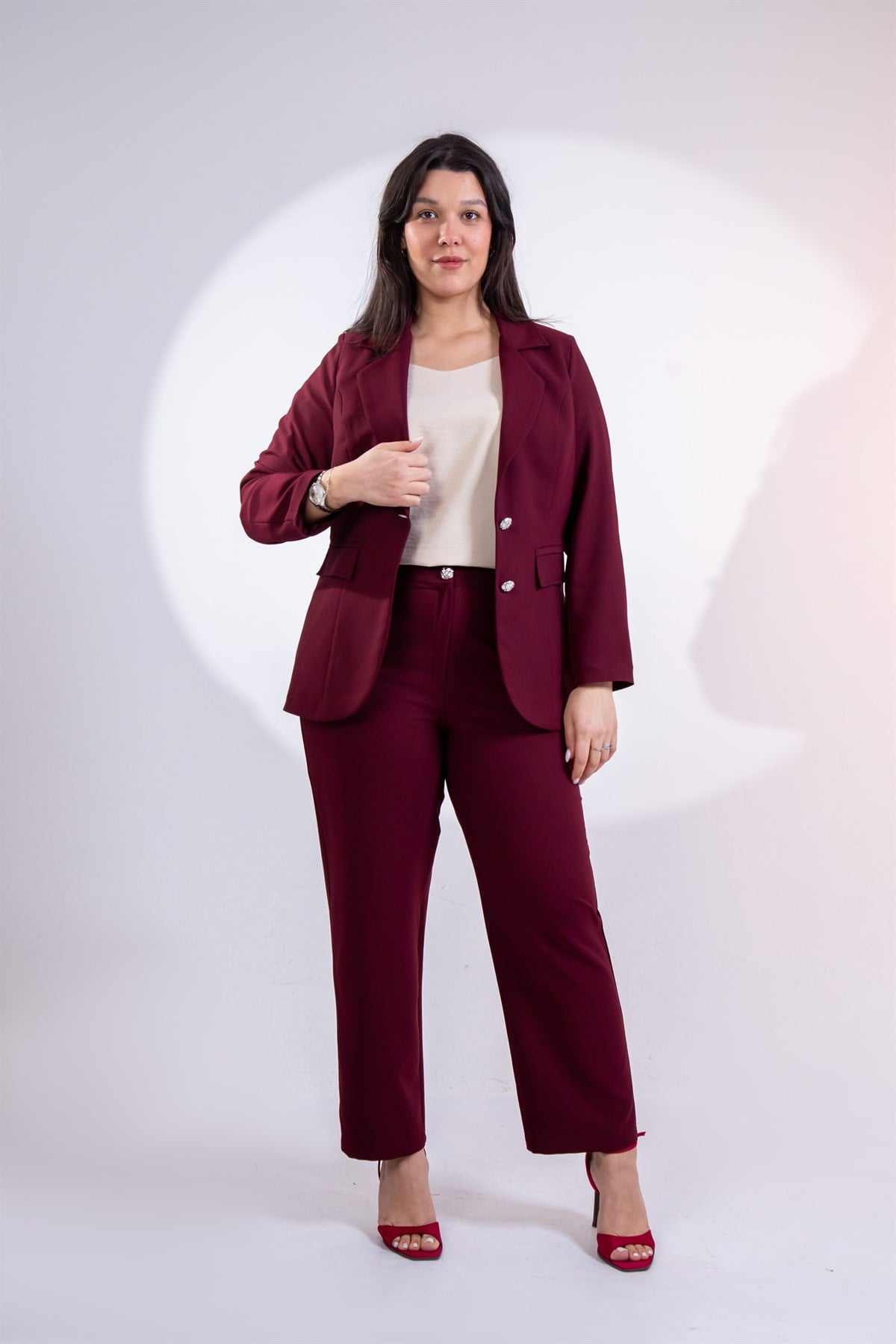 Büyük Beden 3330795 Düğme Detaylı 2li Takım Bordo