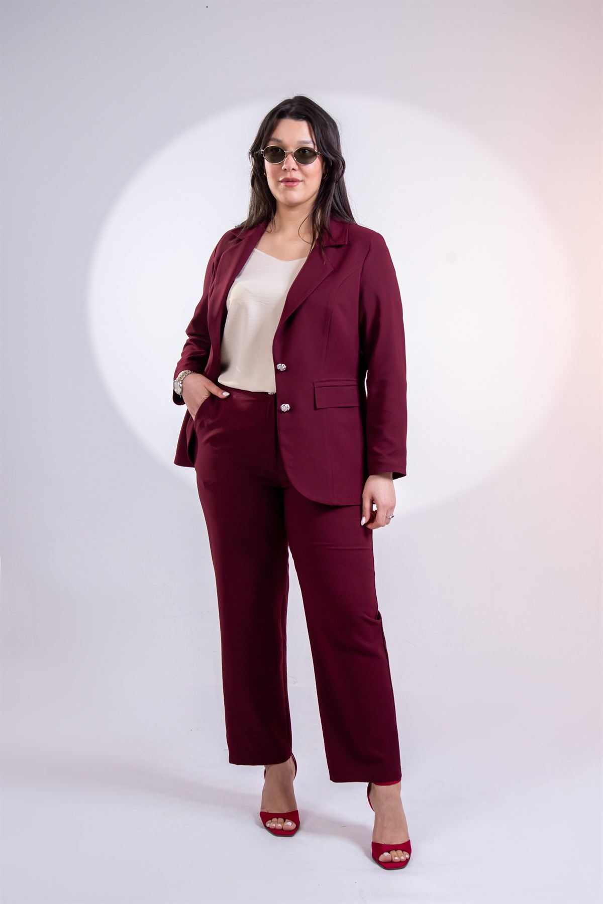 Büyük Beden 3330795 Düğme Detaylı 2li Takım Bordo