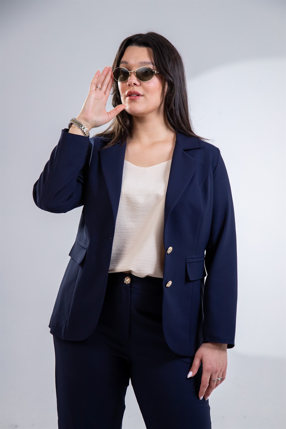 Büyük Beden 3330795 Düğme Detaylı 2li Takım Lacivert