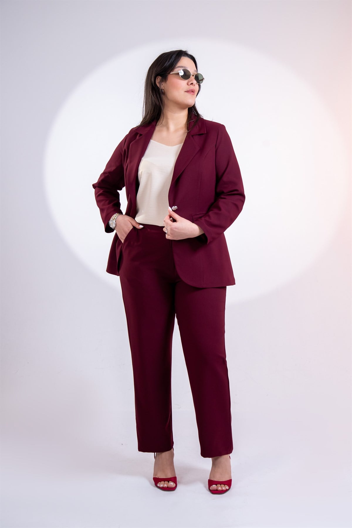 Büyük Beden 3330795 Düğme Detaylı 2li Takım Bordo