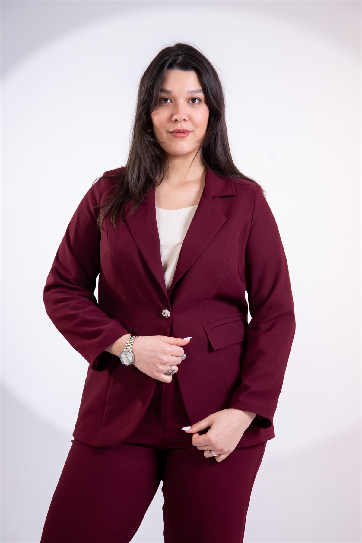 Büyük Beden 3330795 Düğme Detaylı 2li Takım Bordo