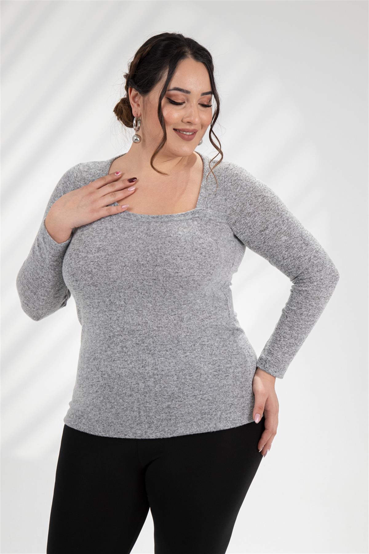 Büyük Beden 333084 Asimetrik Yaka Bluz  Gri