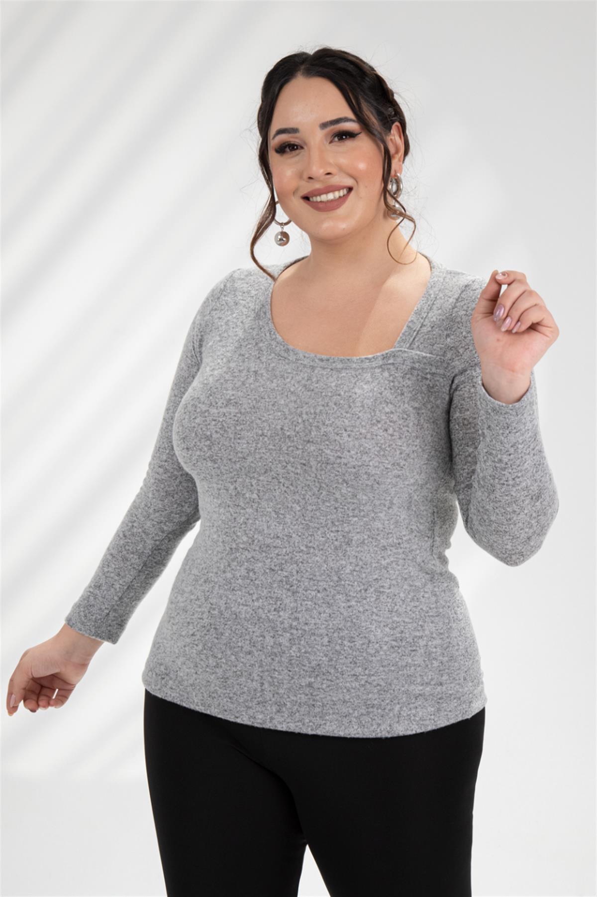 Büyük Beden 333084 Asimetrik Yaka Bluz  Gri