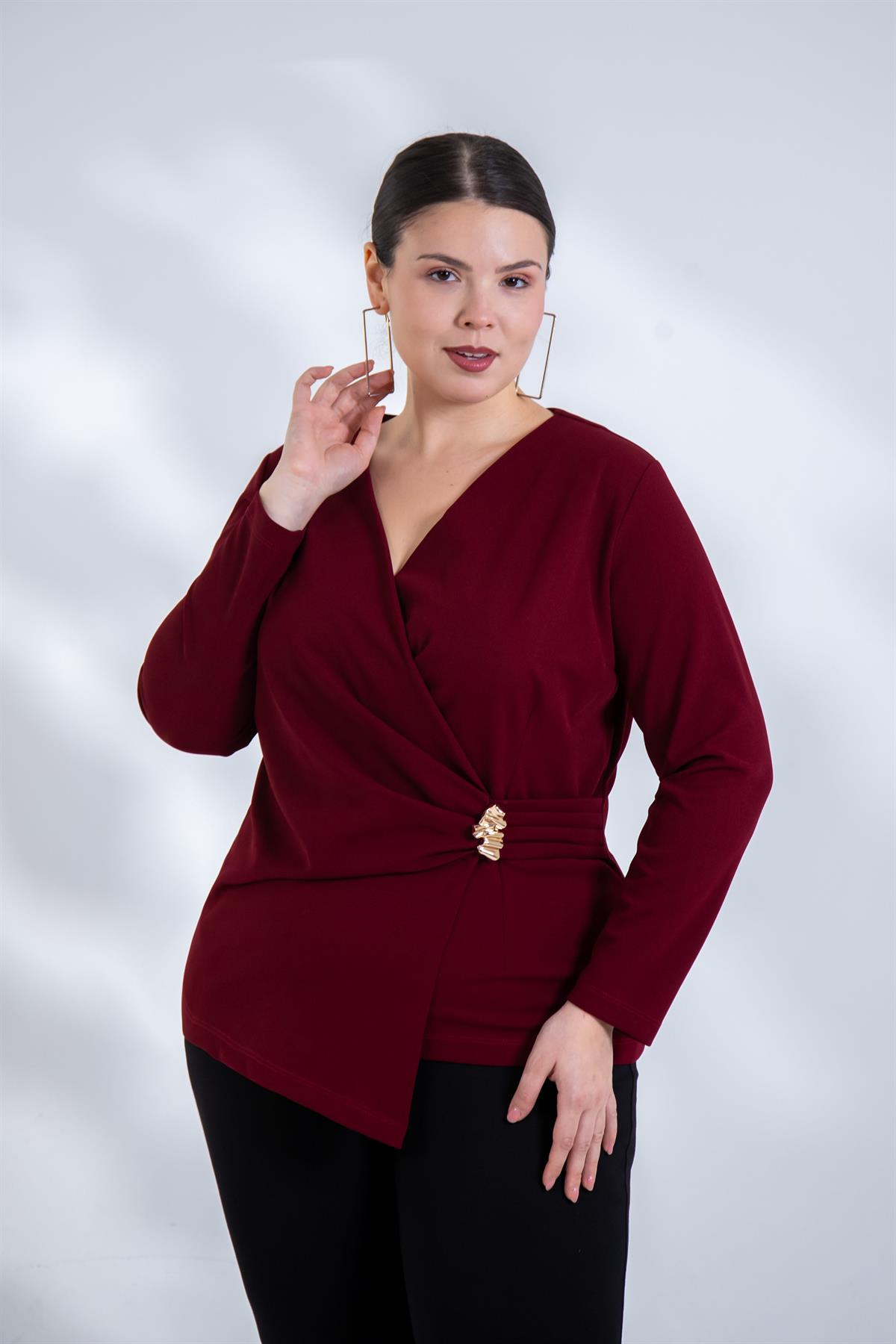 Büyük Beden 3330842 Toka Detaylı Kruvaze Bluz Bordo