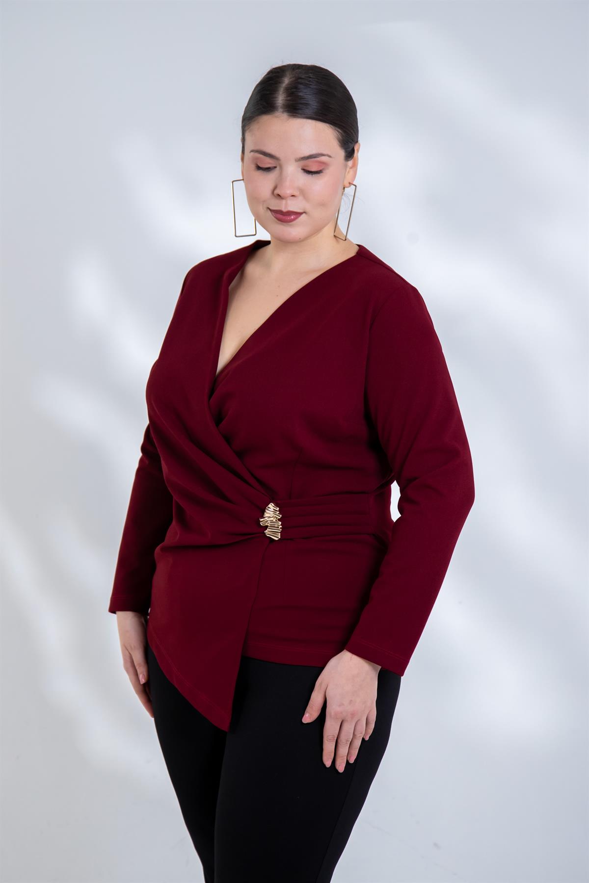 Büyük Beden 3330842 Toka Detaylı Kruvaze Bluz Bordo