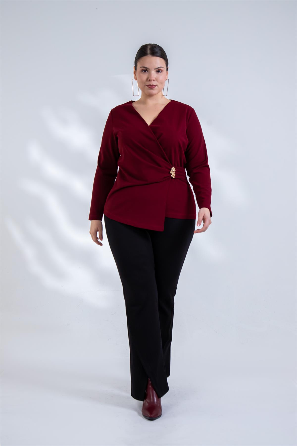 Büyük Beden 3330842 Toka Detaylı Kruvaze Bluz Bordo