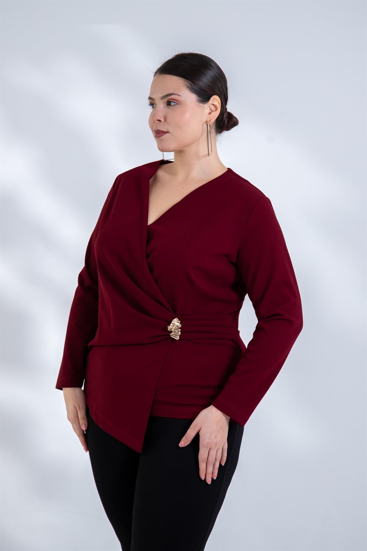 Büyük Beden 3330842 Toka Detaylı Kruvaze Bluz Bordo