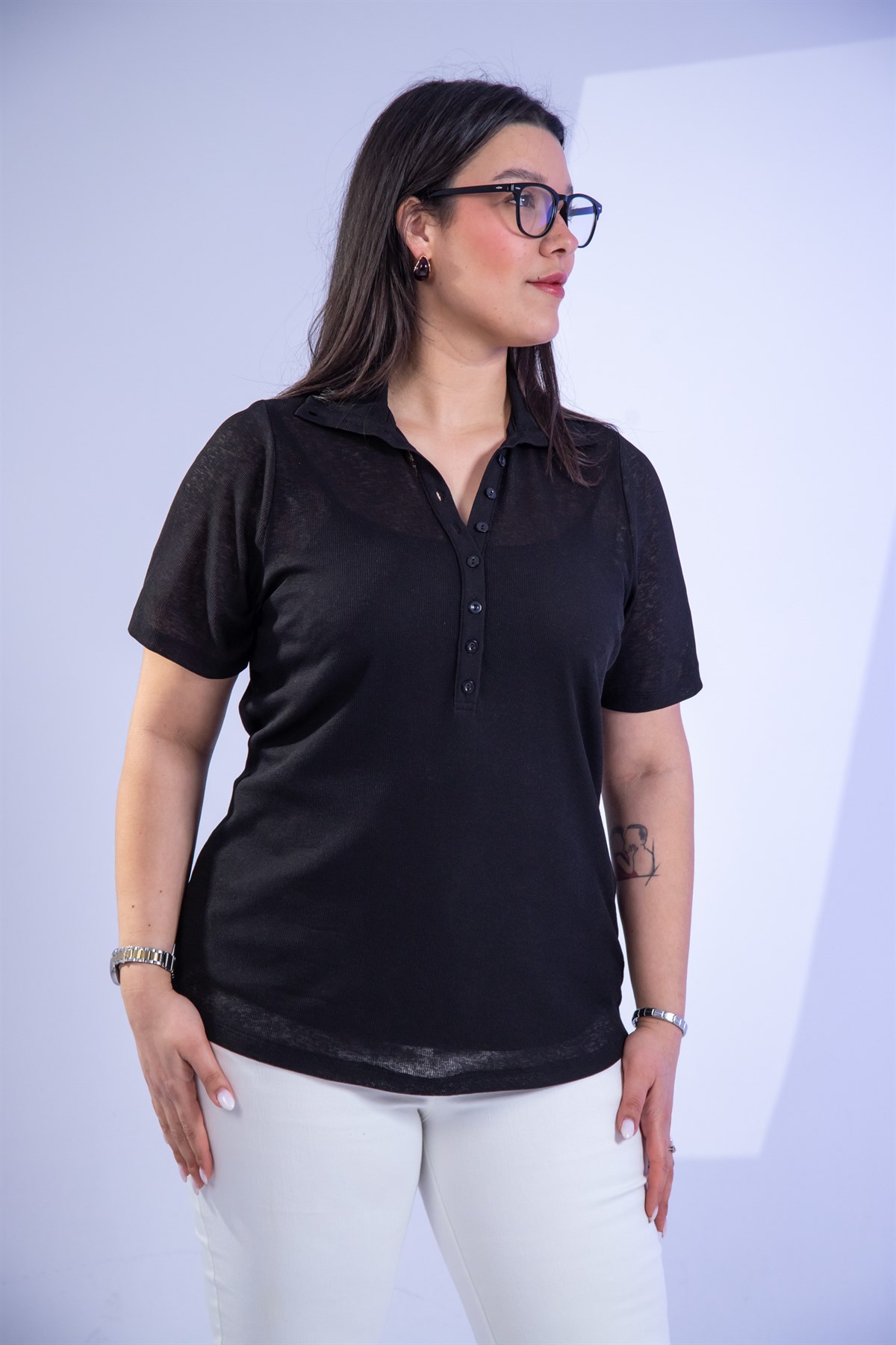 Büyük Beden 3330873 Düğme Detaylı Bluz Siyah