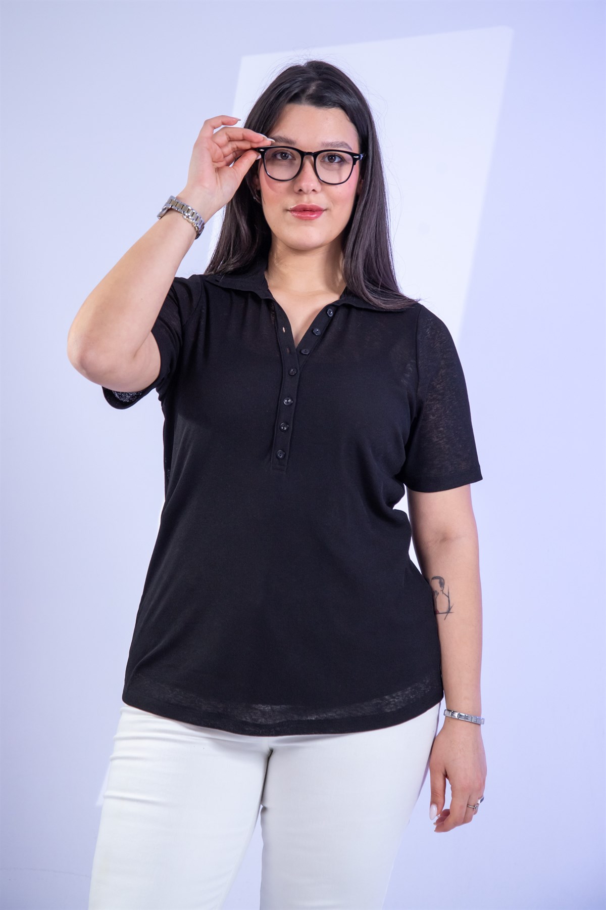 Büyük Beden 3330873 Düğme Detaylı Bluz Siyah