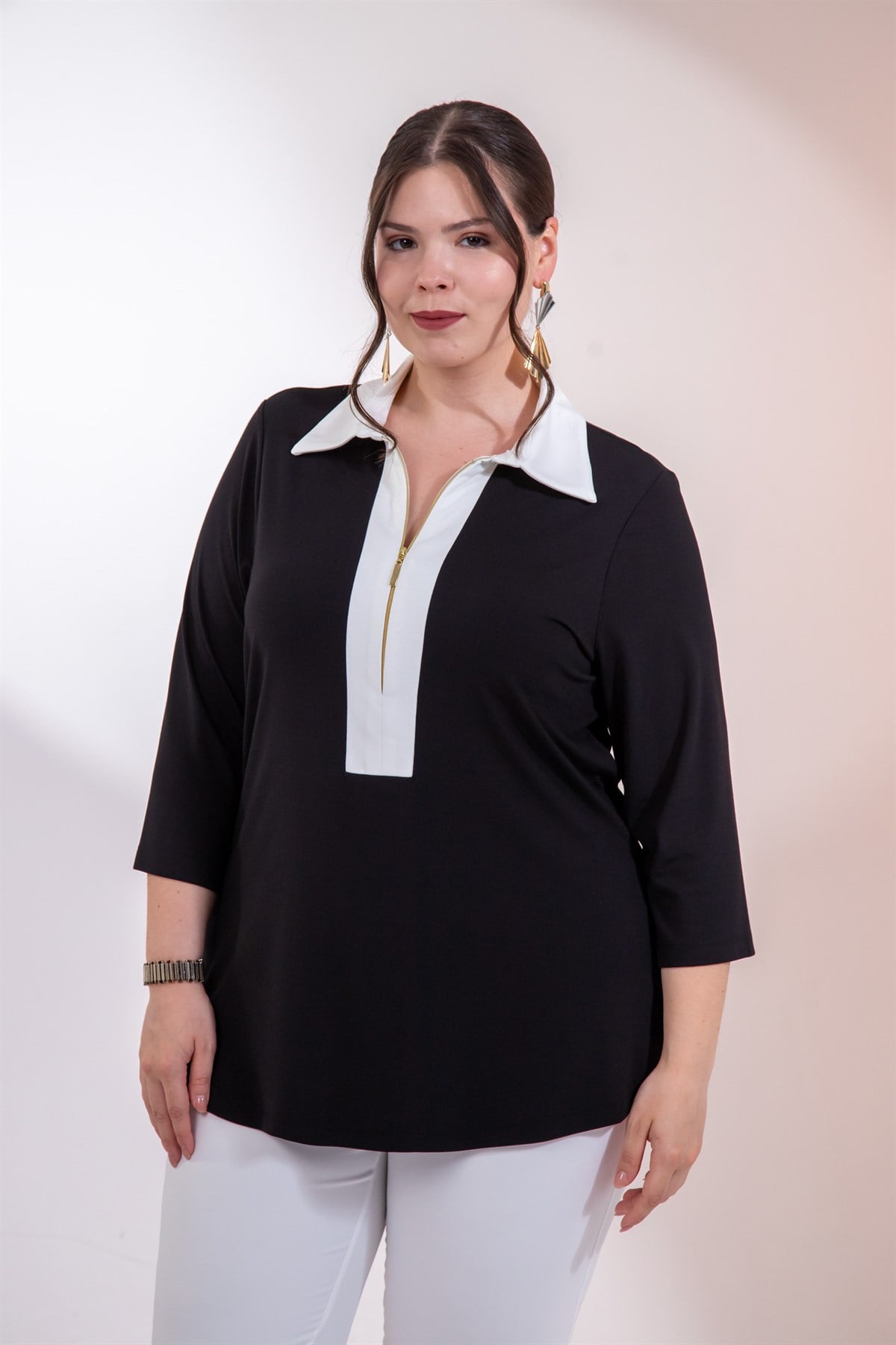 Büyük Beden 3330876 FermuarlI-Garnili Bluz Siyah