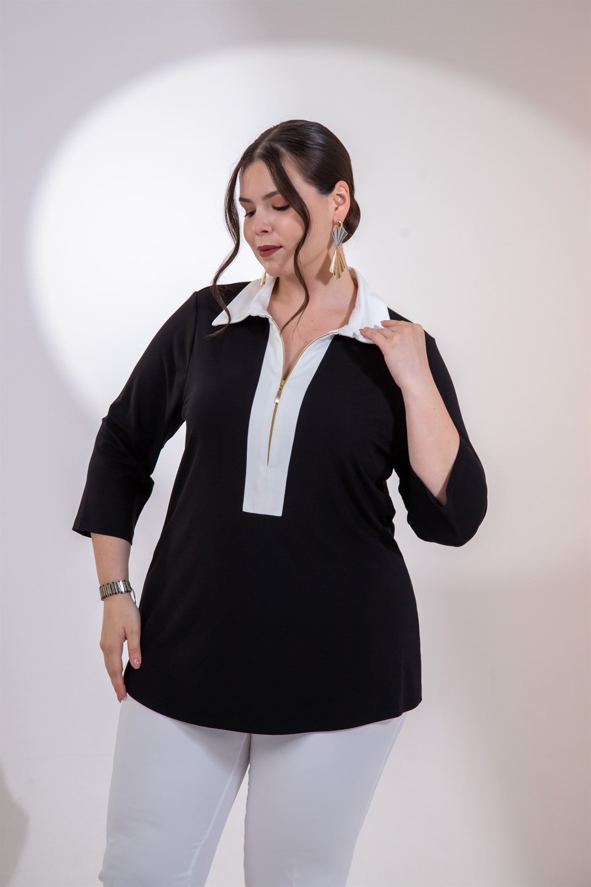 Büyük Beden 3330876 FermuarlI-Garnili Bluz Siyah