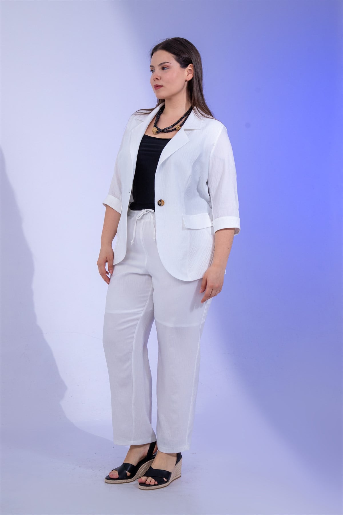 Büyük Beden 333094 Keten 2li Takım Beyaz