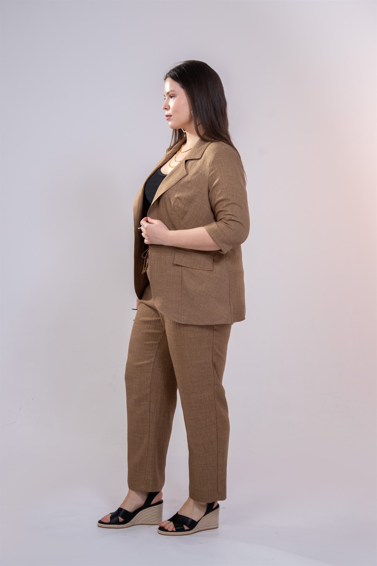 Büyük Beden 333094 Keten 2li Takım Camel