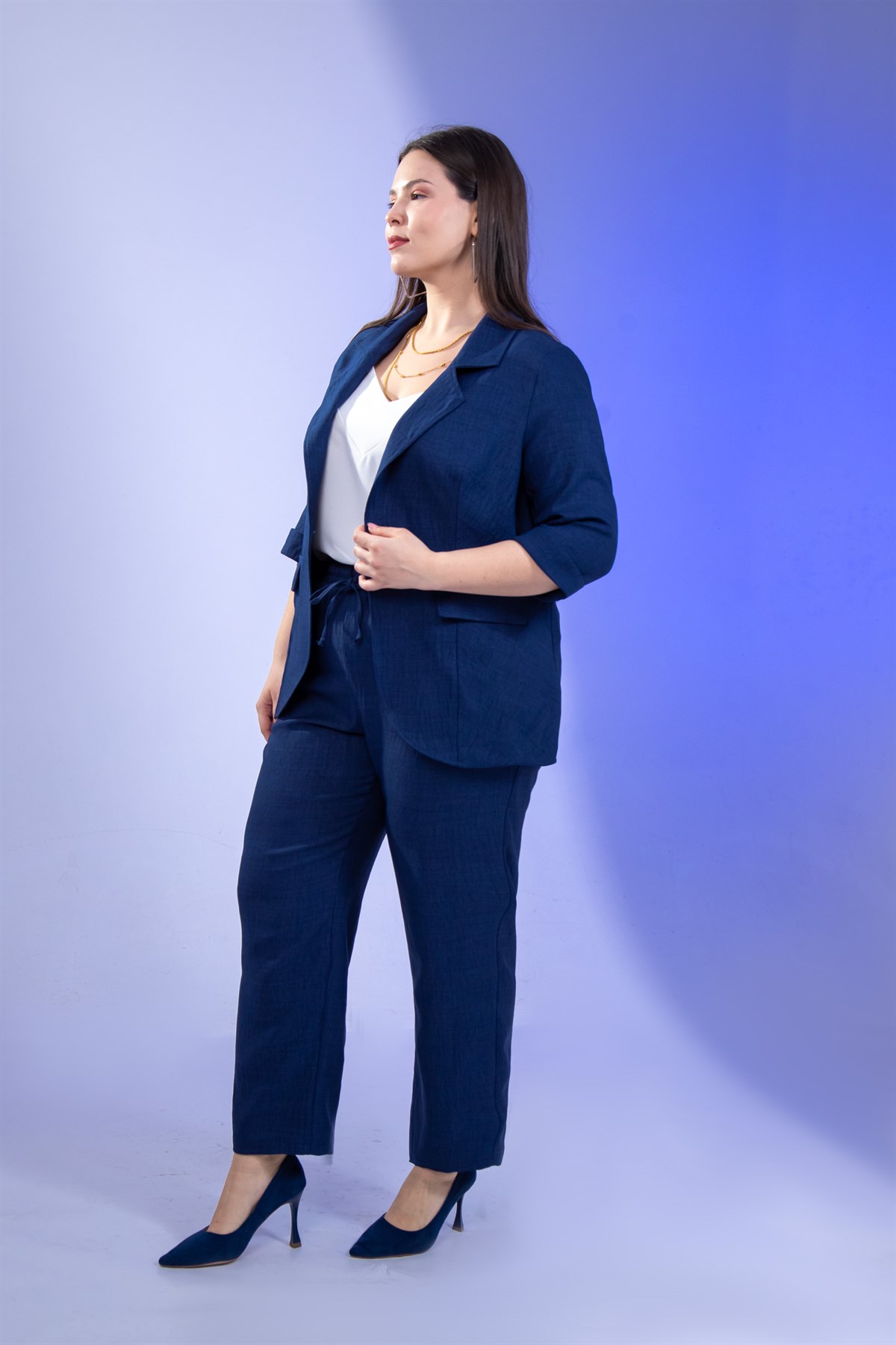 Büyük Beden 333094 Keten 2li Takım Lacivert