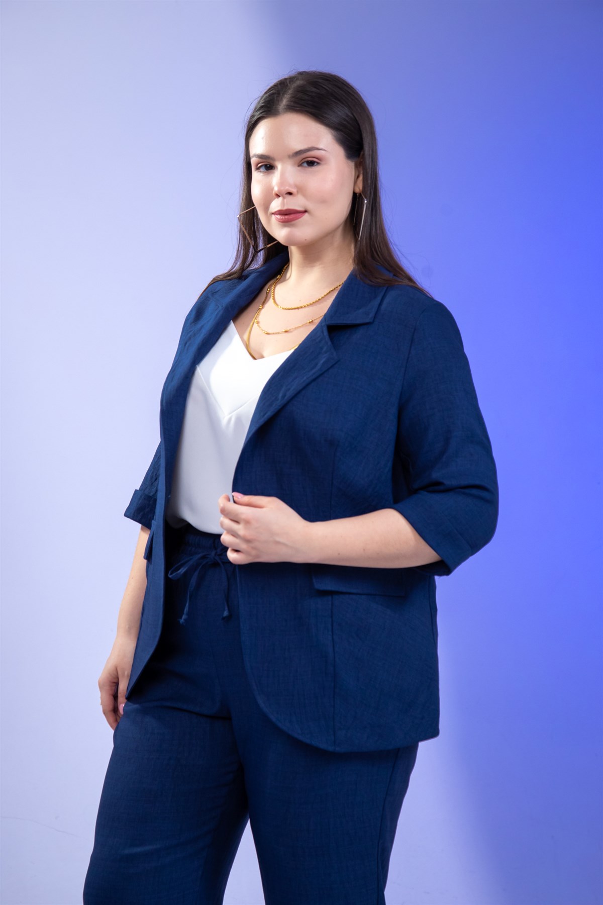 Büyük Beden 333094 Keten 2li Takım Lacivert