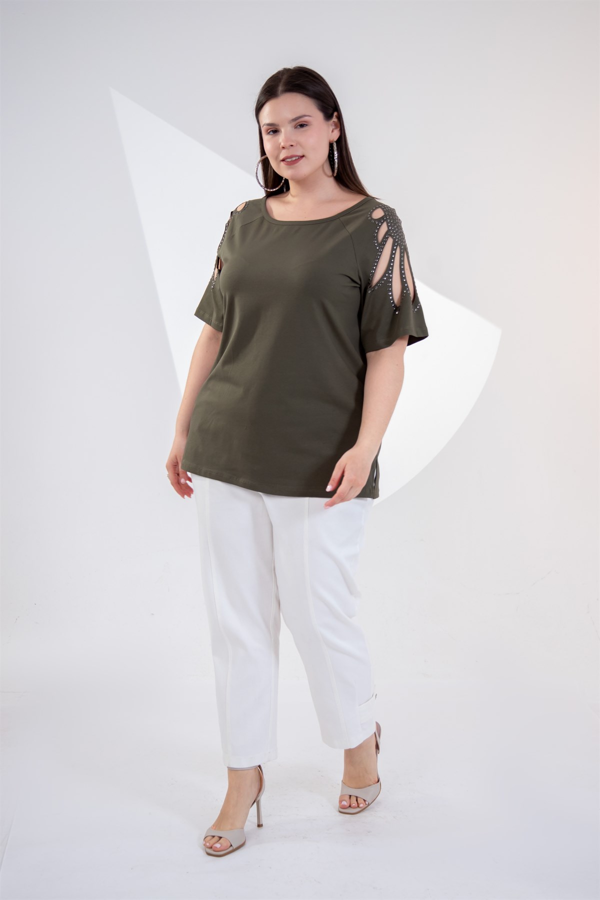 Büyük Beden 3330957 Omuz Drop Detaylı Bluz Haki