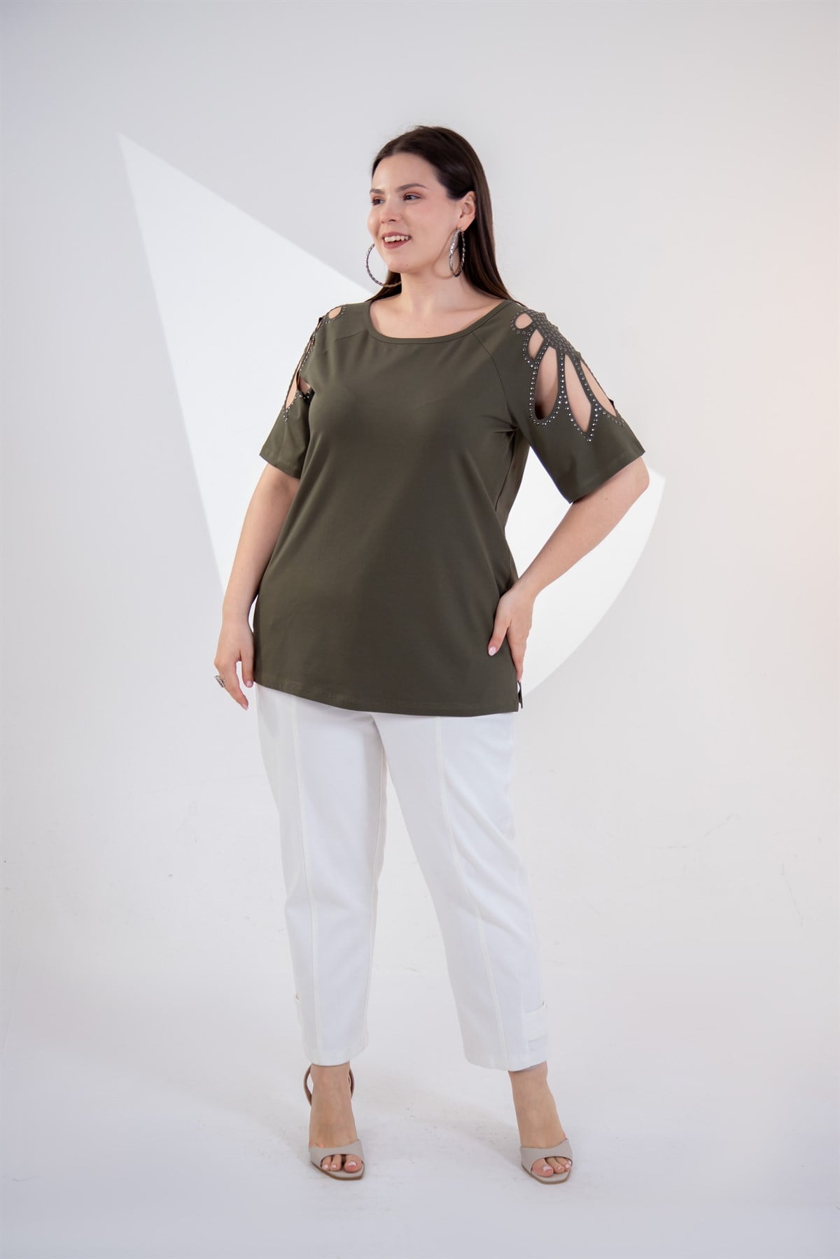 Büyük Beden 3330957 Omuz Drop Detaylı Bluz Haki