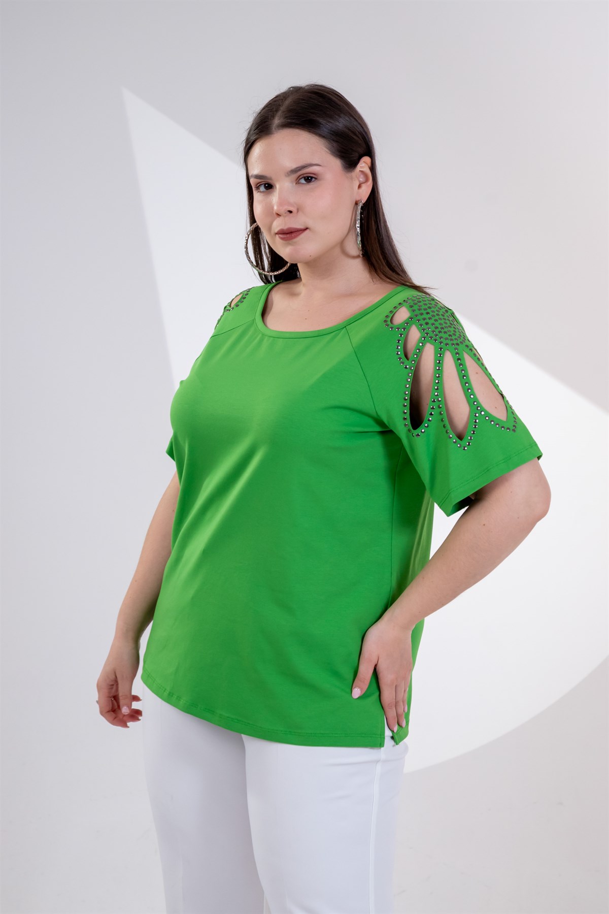 Büyük Beden 3330957 Omuz Drop Detaylı Bluz Yeşil