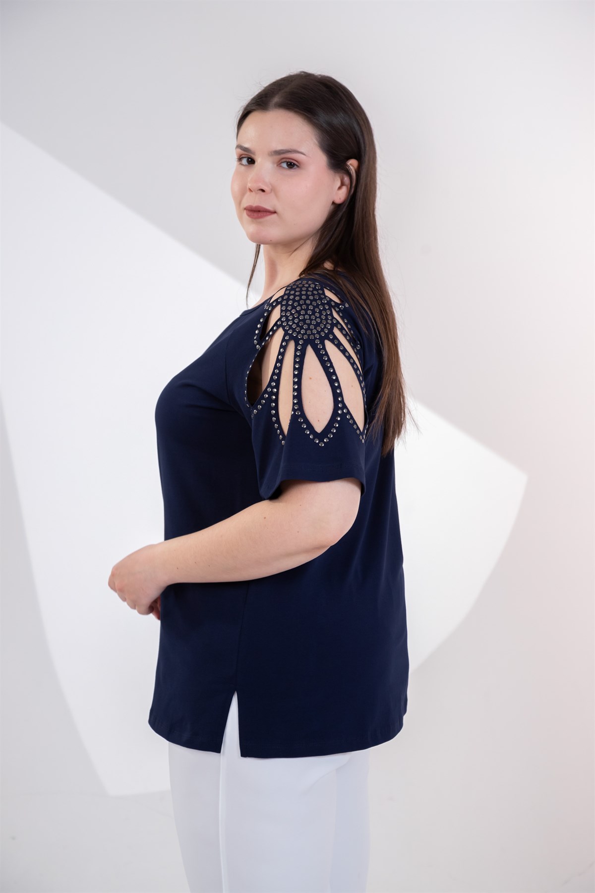 Büyük Beden 3330957 Omuz Drop Detaylı Bluz Lacivert