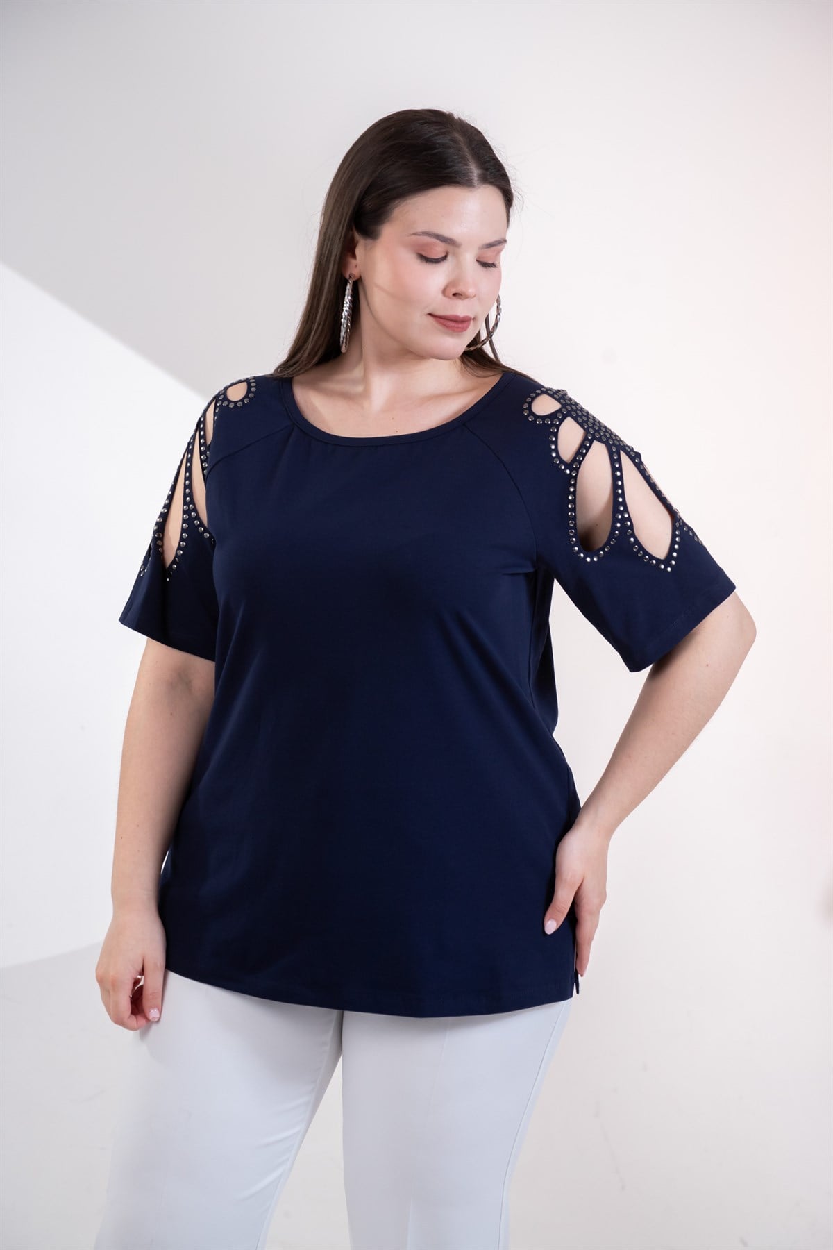 Büyük Beden 3330957 Omuz Drop Detaylı Bluz Lacivert