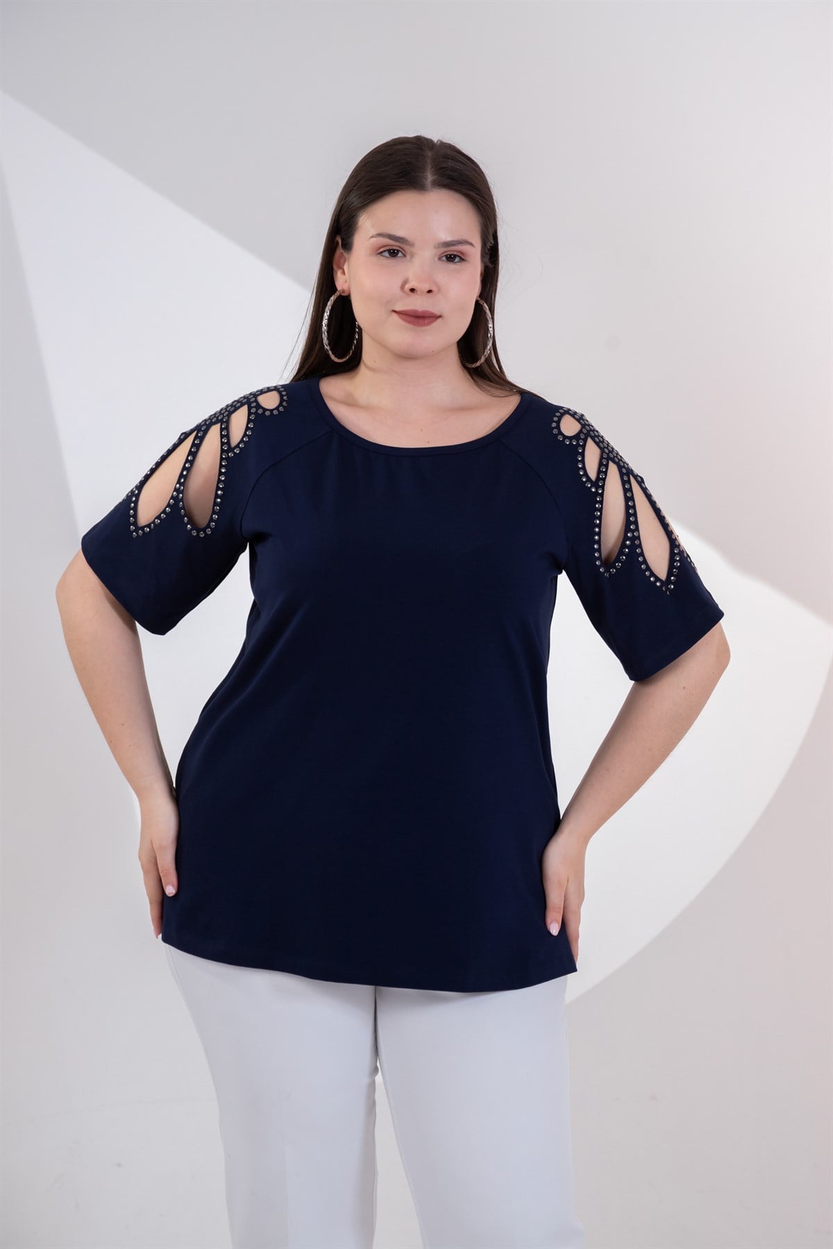 Büyük Beden 3330957 Omuz Drop Detaylı Bluz Lacivert