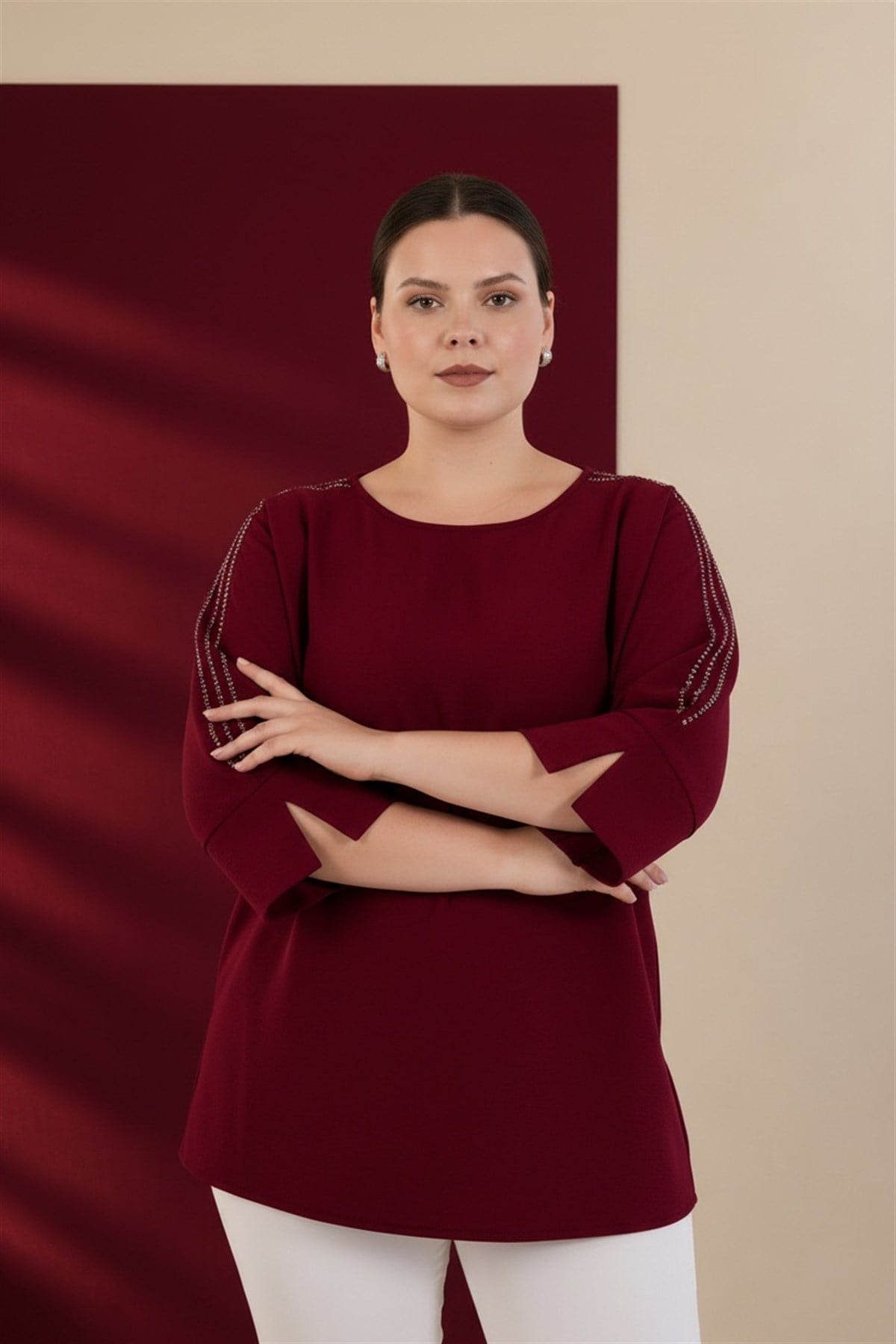 Büyük Beden 3330996 Omuzu Taş Detaylı Bluz  Bordo