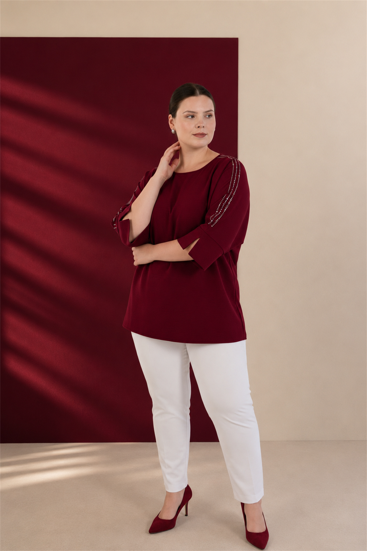 Büyük Beden 3330996 Omuzu Taş Detaylı Bluz  Bordo