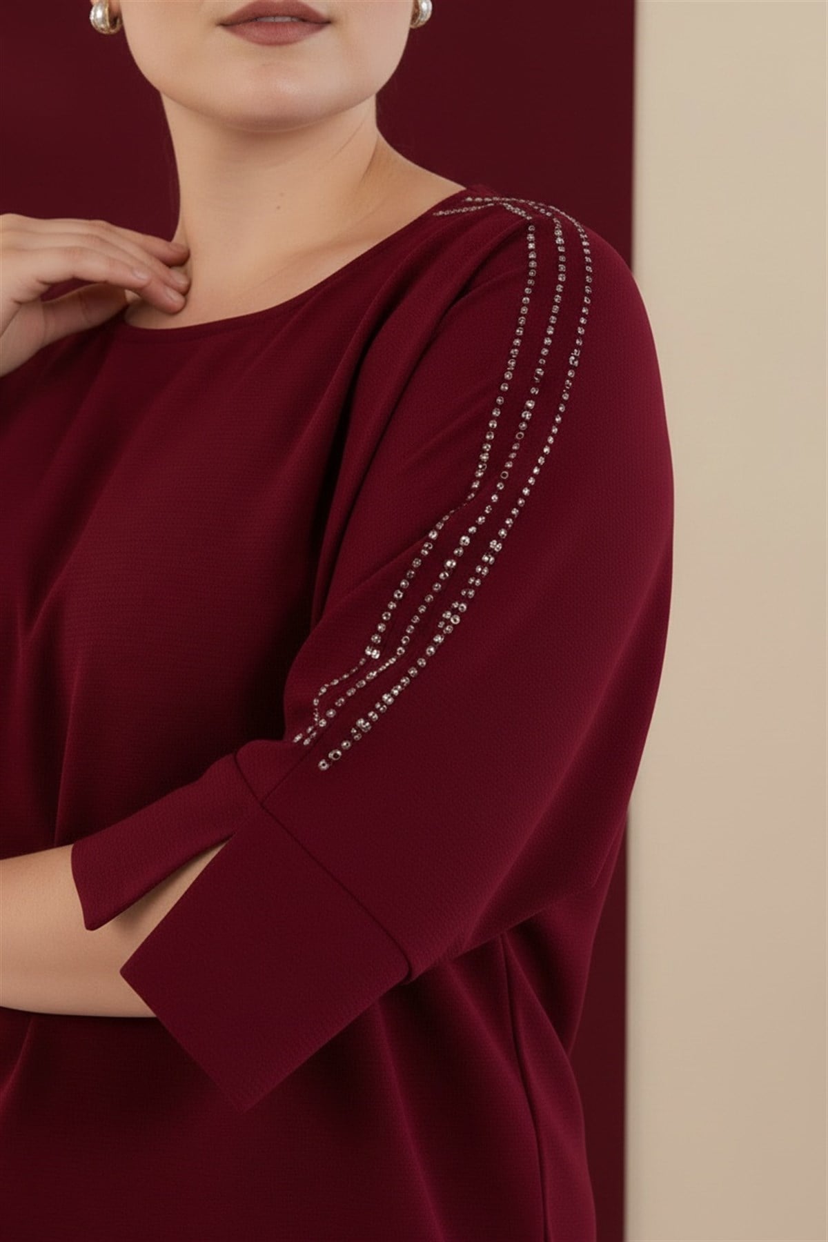 Büyük Beden 3330996 Omuzu Taş Detaylı Bluz  Bordo