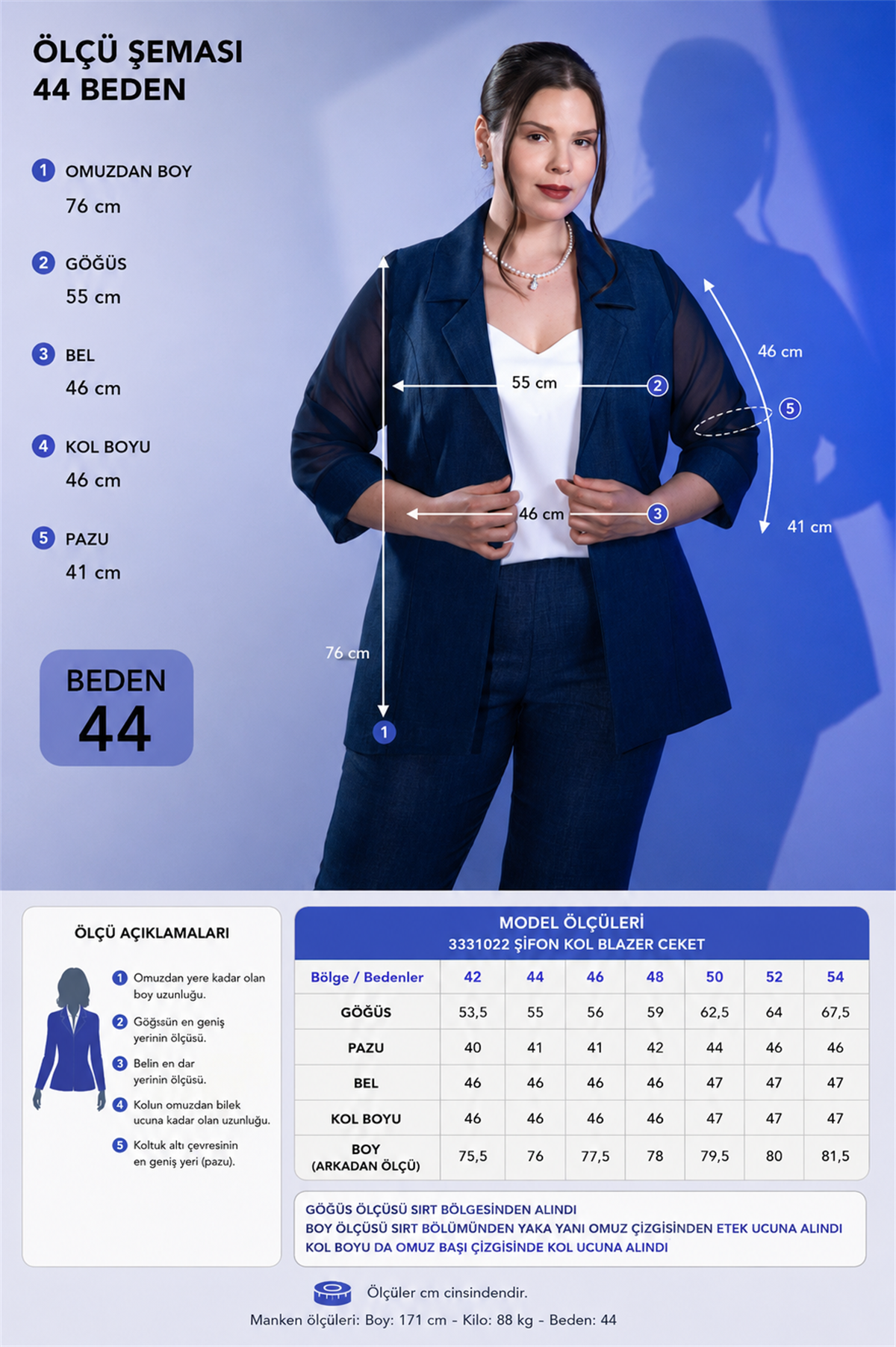 Büyük Beden 3331022 Şifon Kol Blazer Ceket  Lacivert