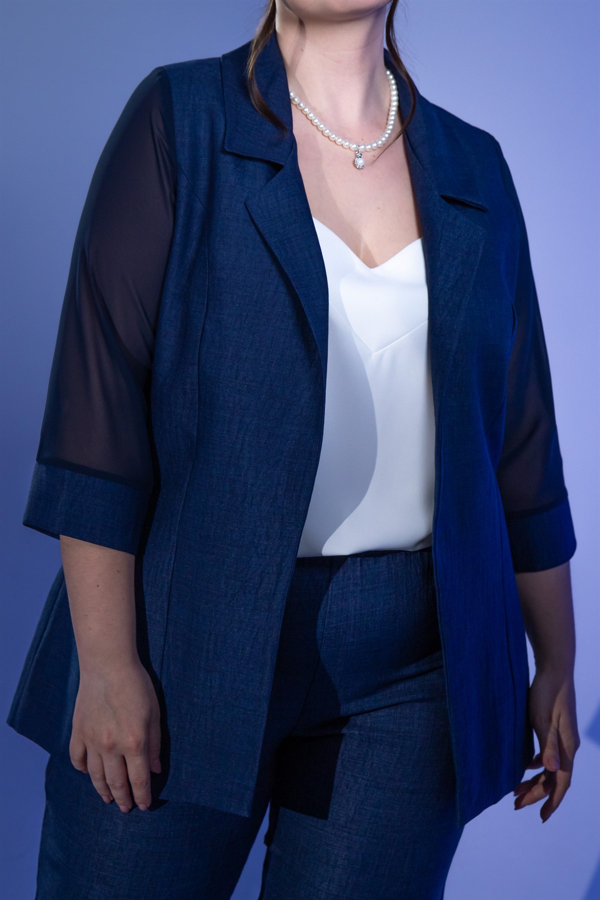 Büyük Beden 3331022 Şifon Kol Blazer Ceket  Lacivert
