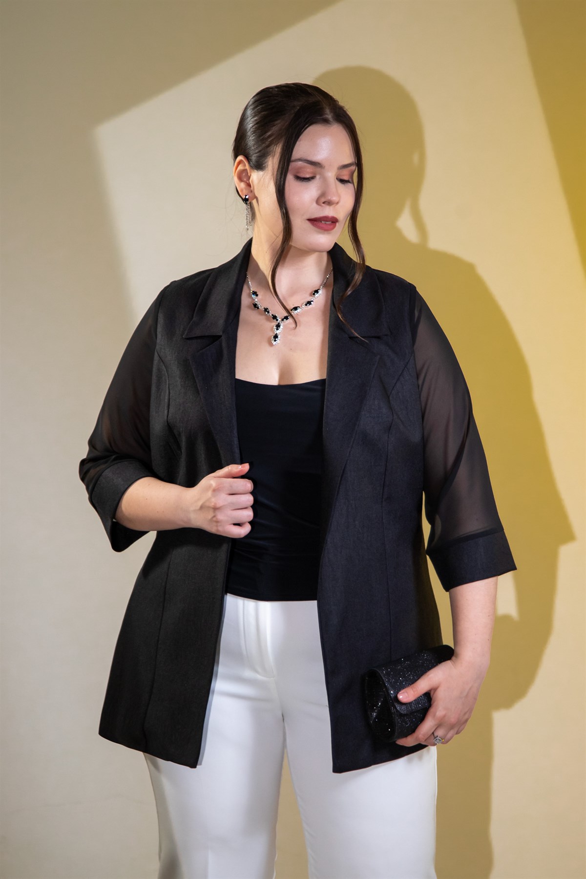 Büyük Beden 3331022 Şifon Kol Blazer Ceket  Siyah