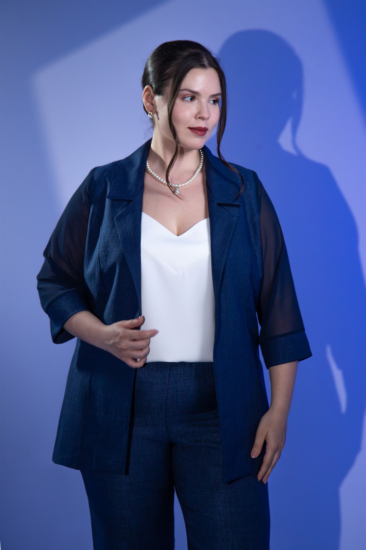 Büyük Beden 3331022 Şifon Kol Blazer Ceket  Lacivert