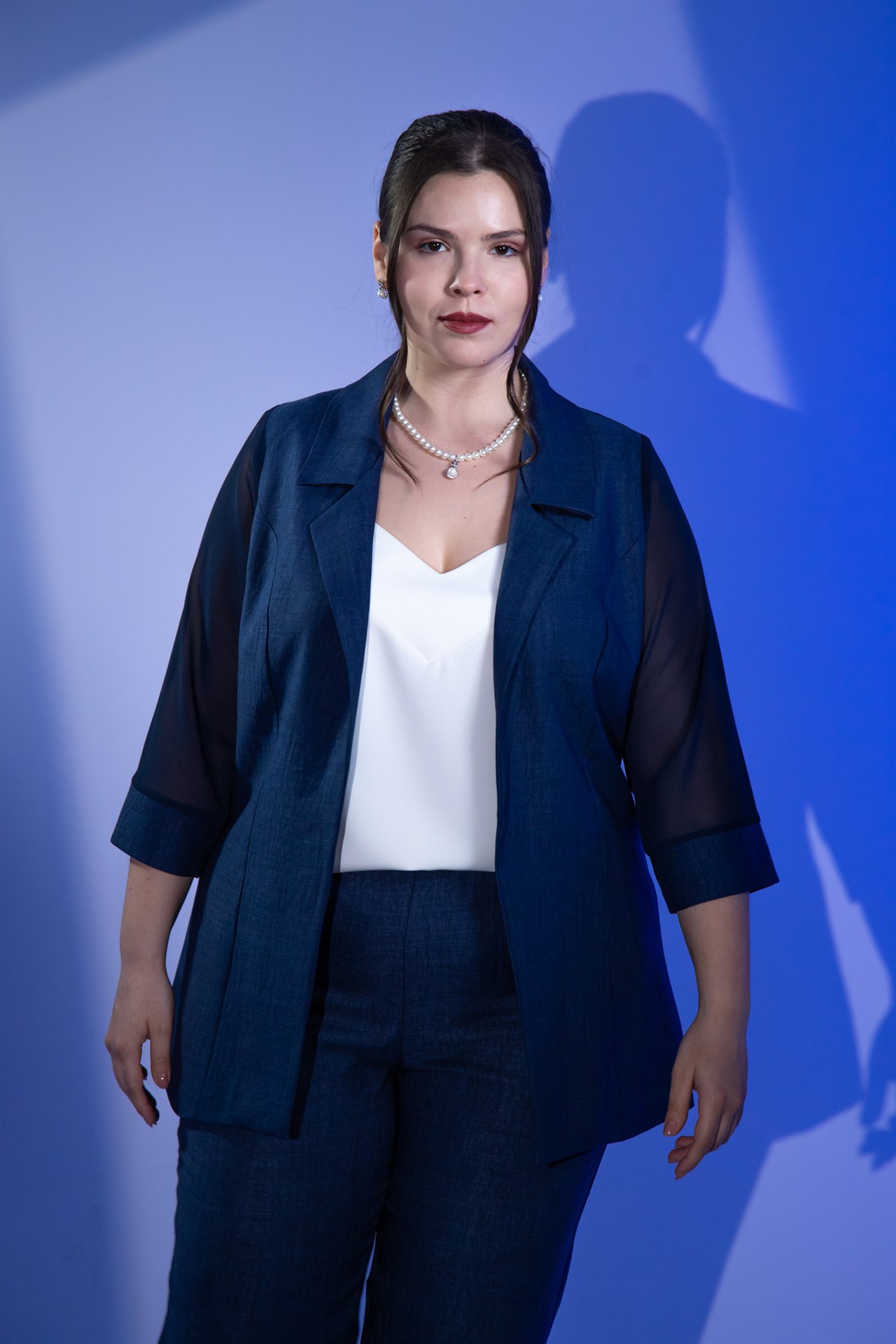 Büyük Beden 3331022 Şifon Kol Blazer Ceket  Lacivert