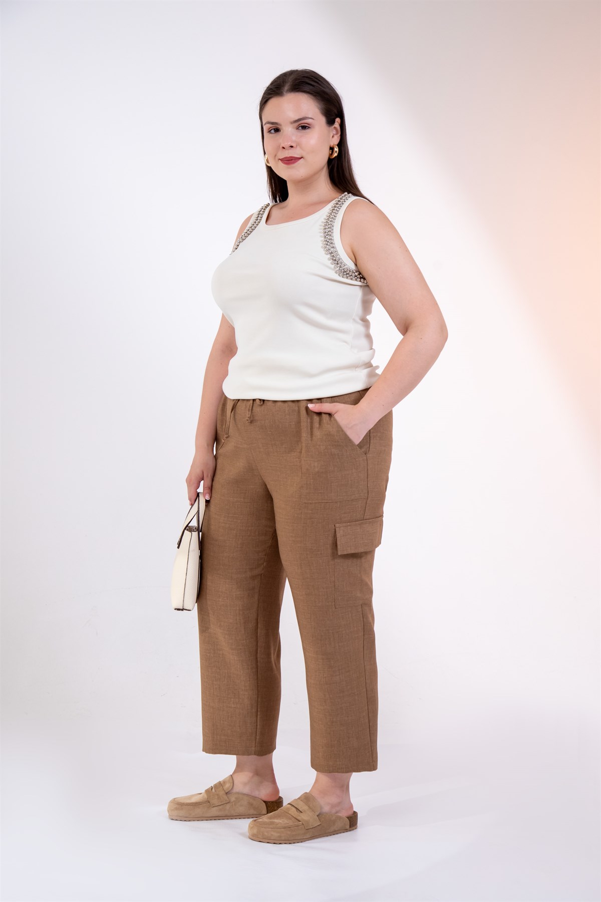 Büyük Beden 3331049 Yan Cepli Bağcıklı Pantolon Camel