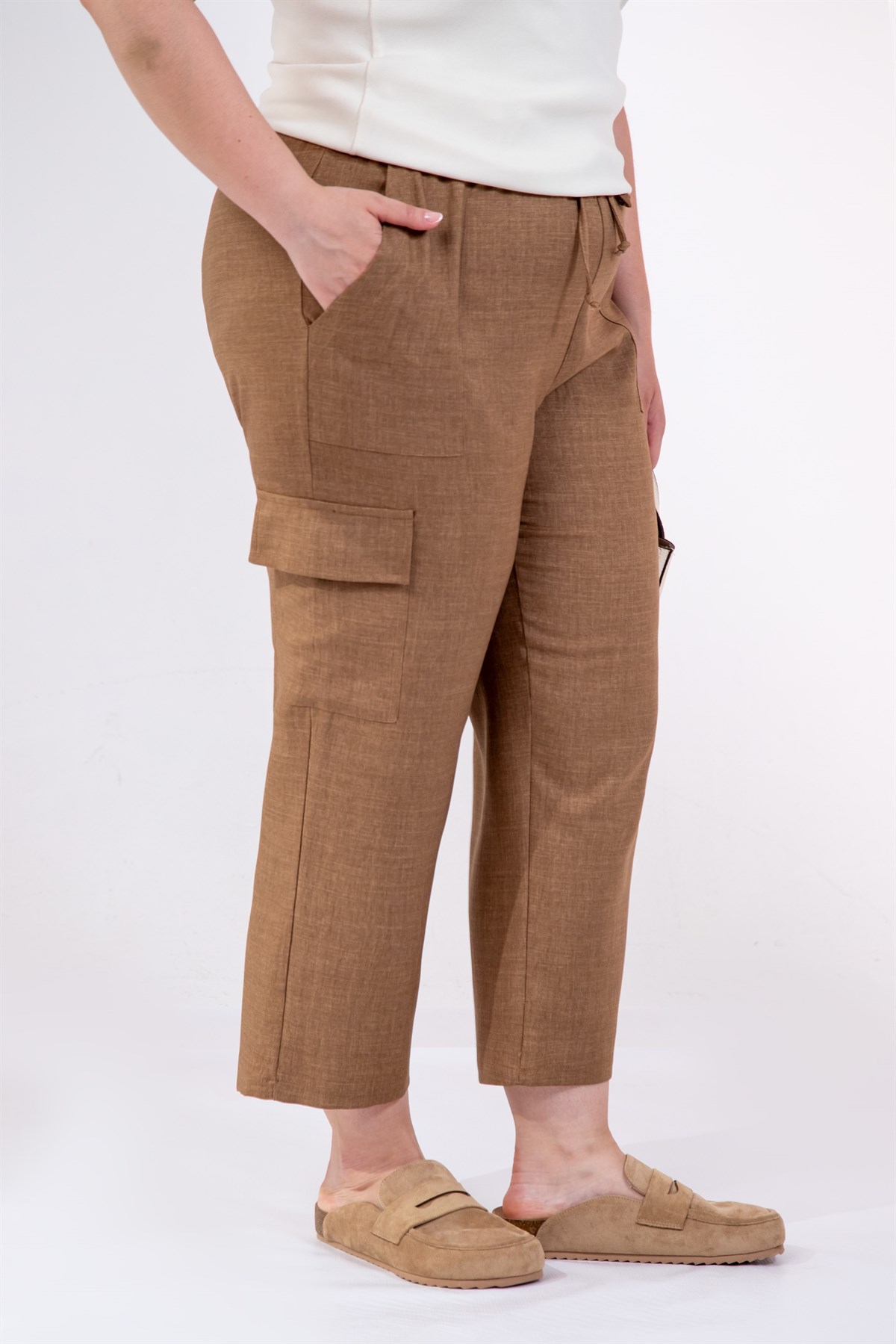 Büyük Beden 3331049 Yan Cepli Bağcıklı Pantolon Camel
