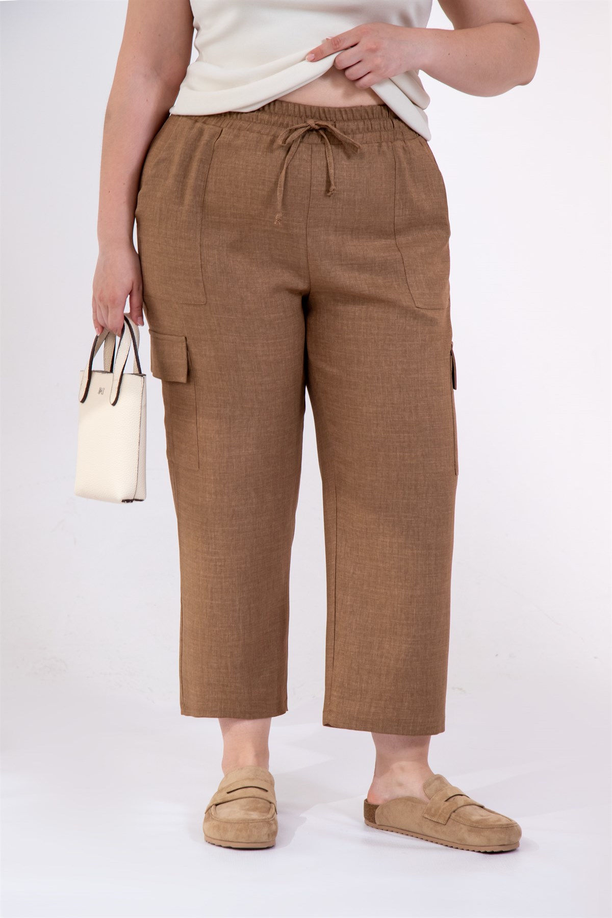Büyük Beden 3331049 Yan Cepli Bağcıklı Pantolon Camel