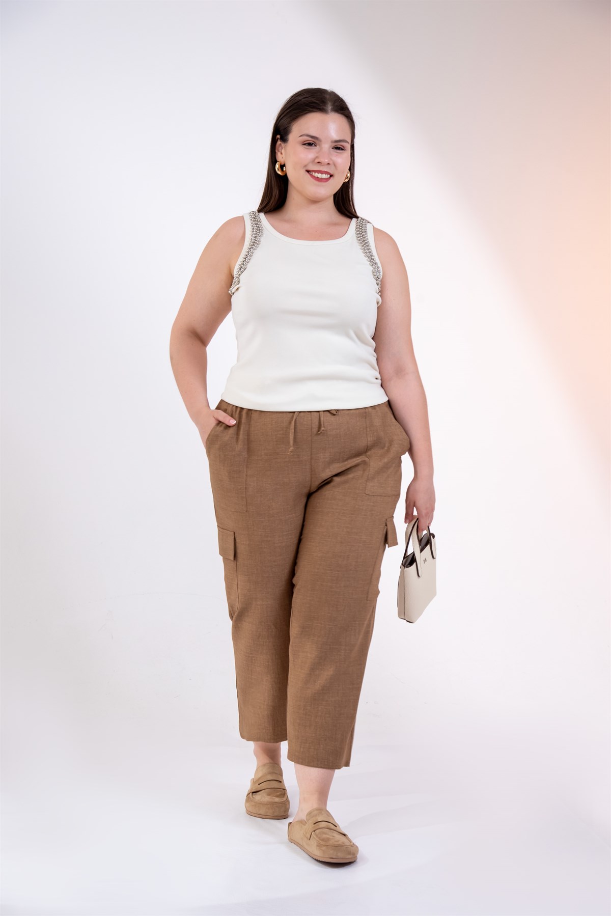 Büyük Beden 3331049 Yan Cepli Bağcıklı Pantolon Camel